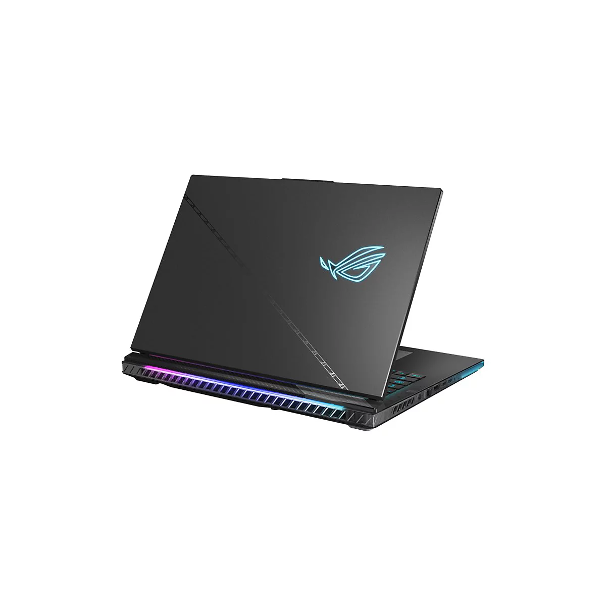 Schwarzes Laptop mit leuchtendem ROG-Logo und farbiger Beleuchtung an der Unterseite.