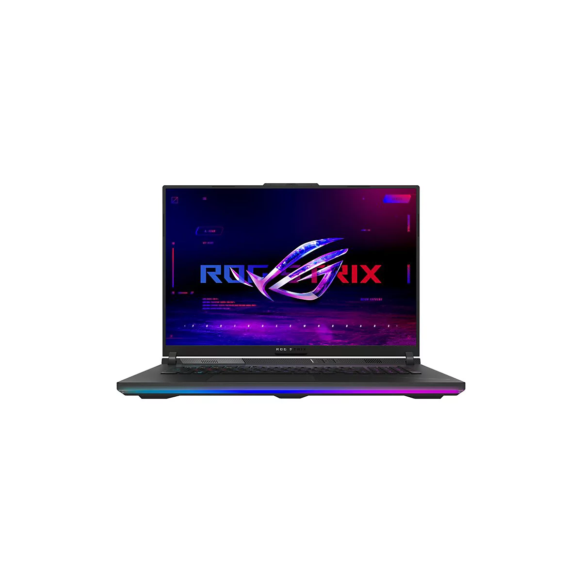 Schwarzer Laptop mit bunten Lichteffekten, Display mit ROG STRIX Logo. Tastatur, Anschlüsse, Displayrahmen erkennbar.