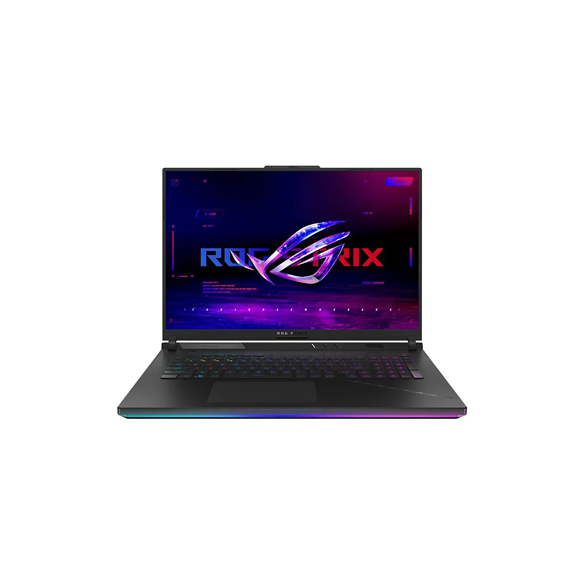 Schwarzer Gaming-Laptop mit beleuchteter Tastatur. ROG Strix-Logo auf dem Display. Neonfarbene Akzente am Gehäuse.