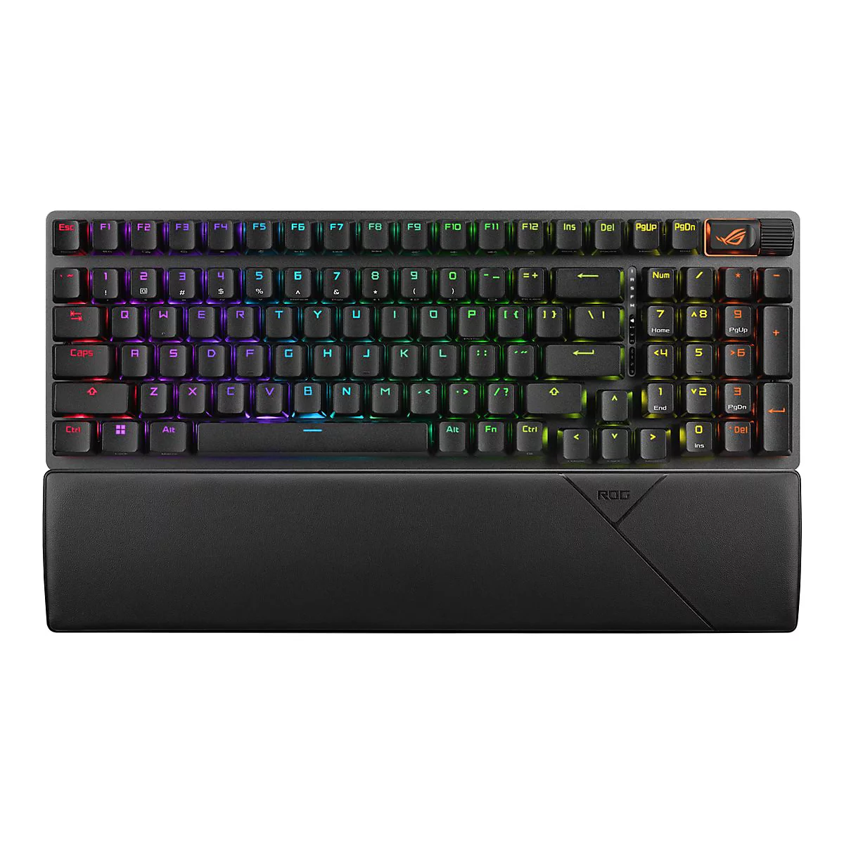 Schwarze mechanische Gaming-Tastatur mit RGB-Beleuchtung und abnehmbarer Handballenauflage auf weißem Hintergrund.