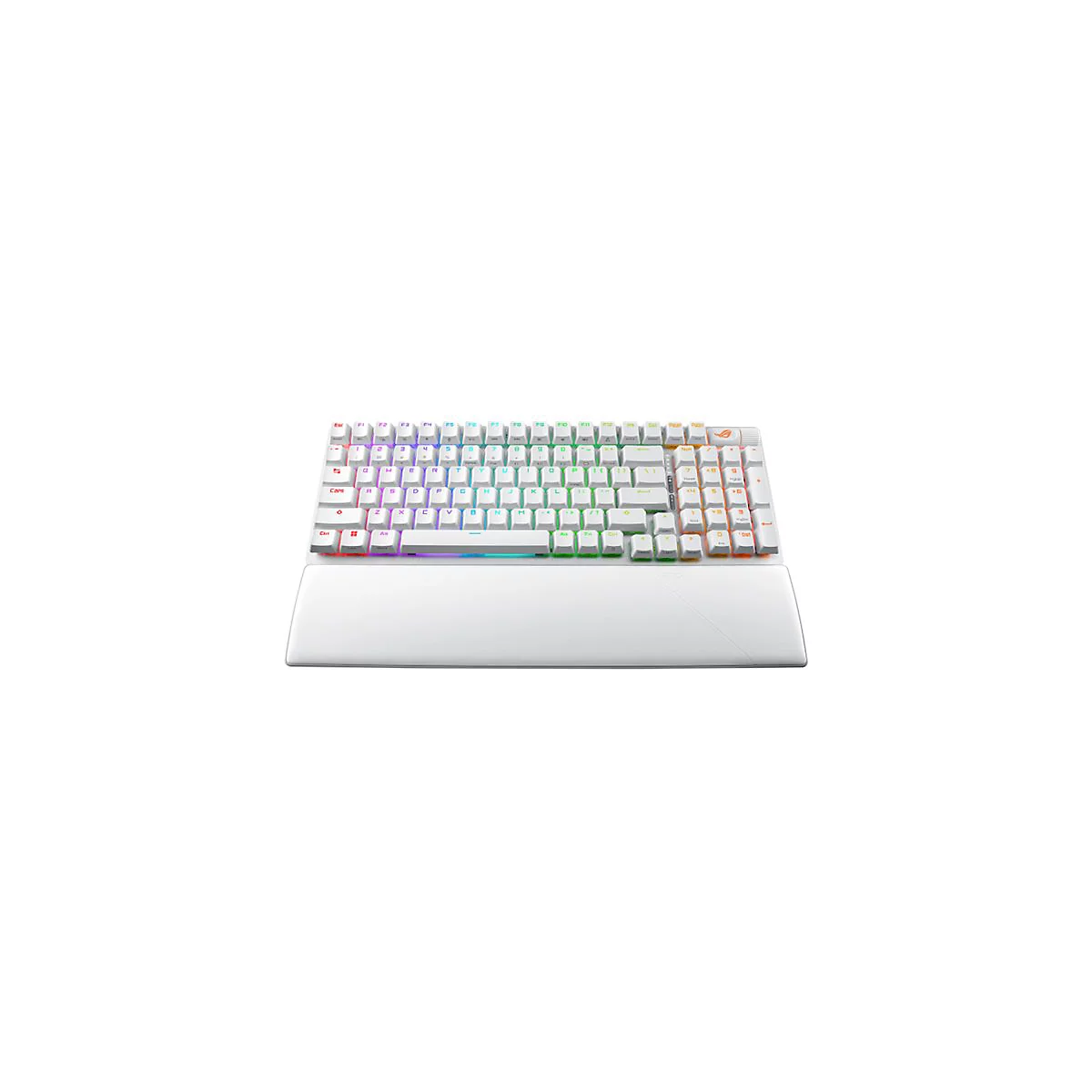 Weisse Gaming-Tastatur mit RGB-Beleuchtung und Handgelenkauflage. Auf der rechten Seite das ROG-Logo.