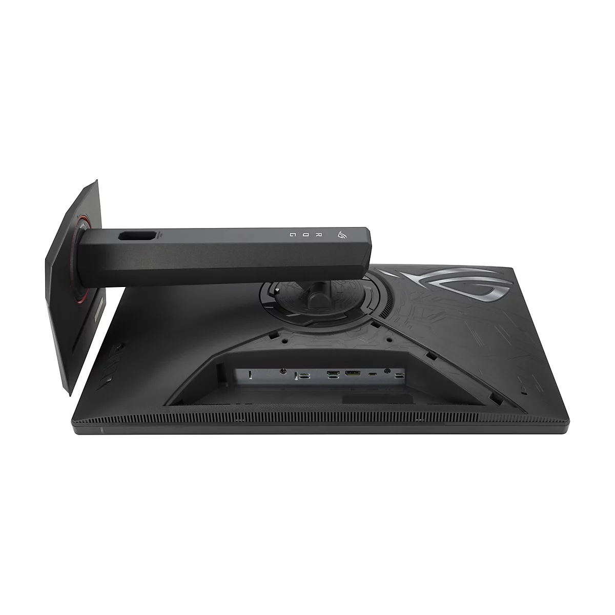 Rückansicht eines schwarzen Gaming-Monitors. Es sind Anschlüsse, das ROG-Logo und die ROG-Schriftzüge zu sehen.