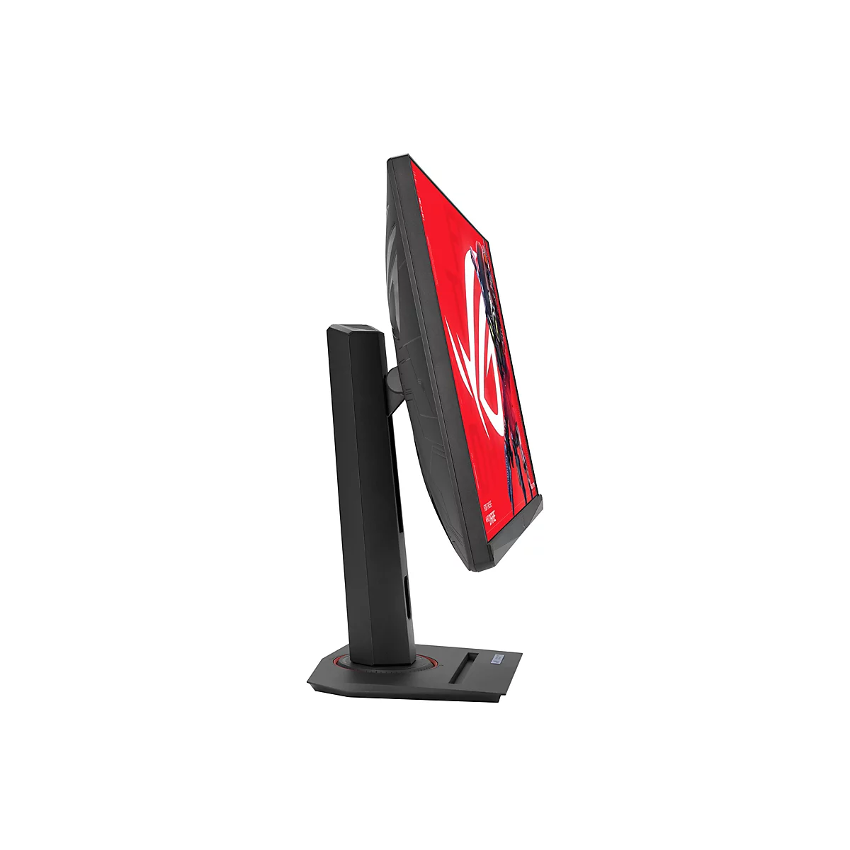 Ein schwarzer Monitor im Profil, der auf einem weißen Hintergrund steht. Auf dem Bildschirm ist ein rotes ROG-Logo zu sehen. Der Monitor hat einen schwarzen Standfuß.