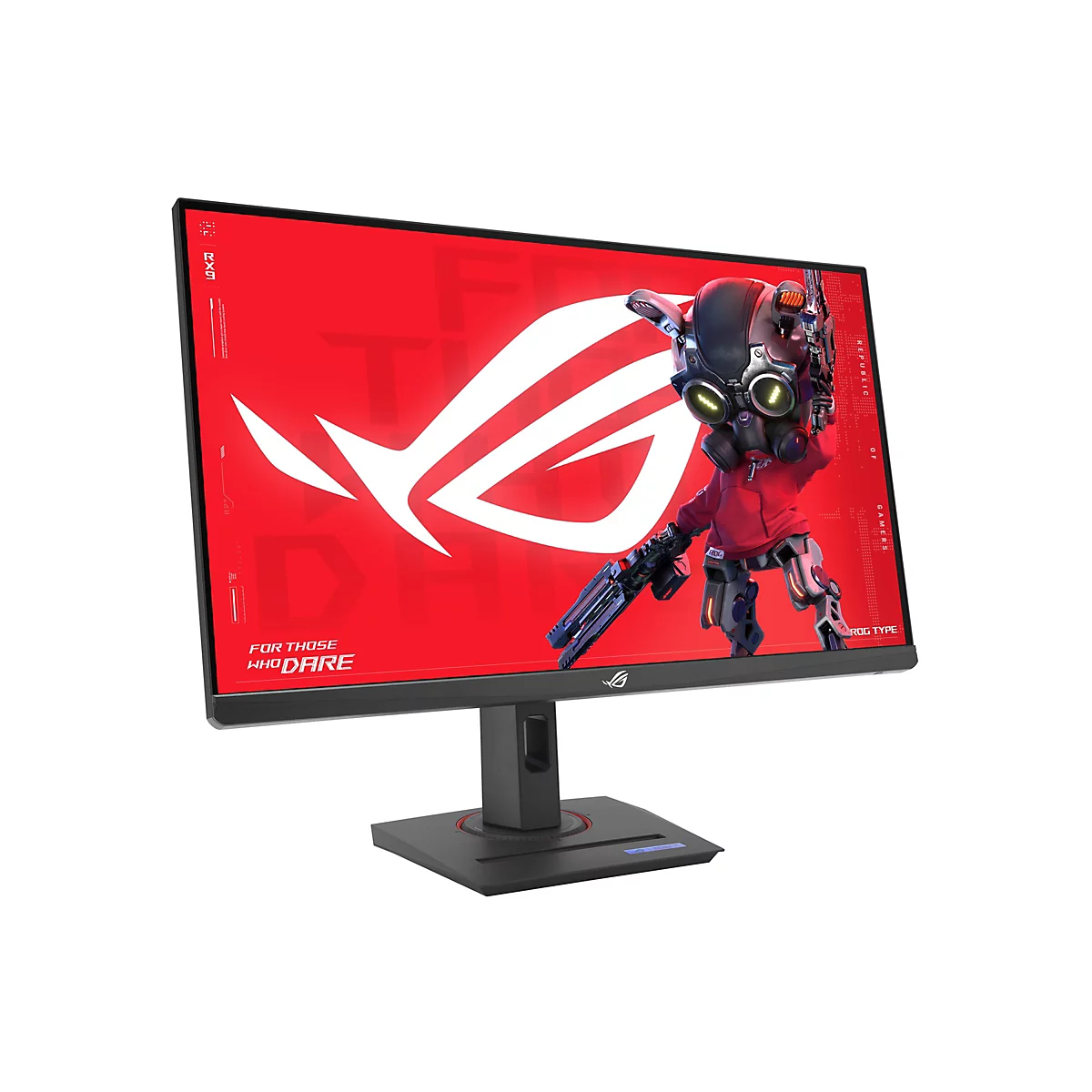 Monitor mit ROG-Logo und einem Roboter-Charakter auf rotem Hintergrund. Schwarzer Rahmen, schwarzer Standfuß.
