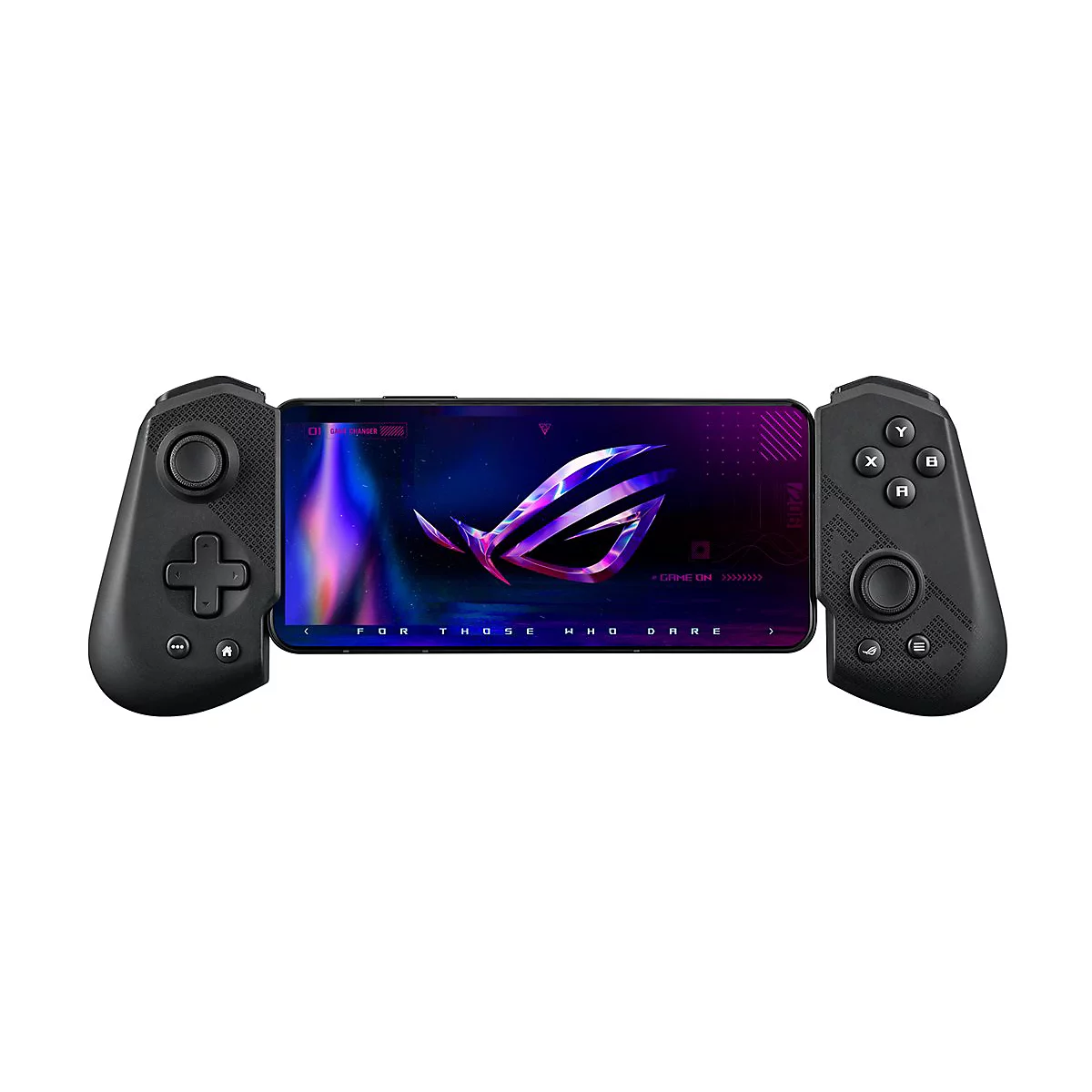 Schwarzer Controller mit einem Mobiltelefon in der Mitte, auf dem ein Logo angezeigt wird. Auf dem Bildschirm steht „FOR THOSE WHO DARE“.