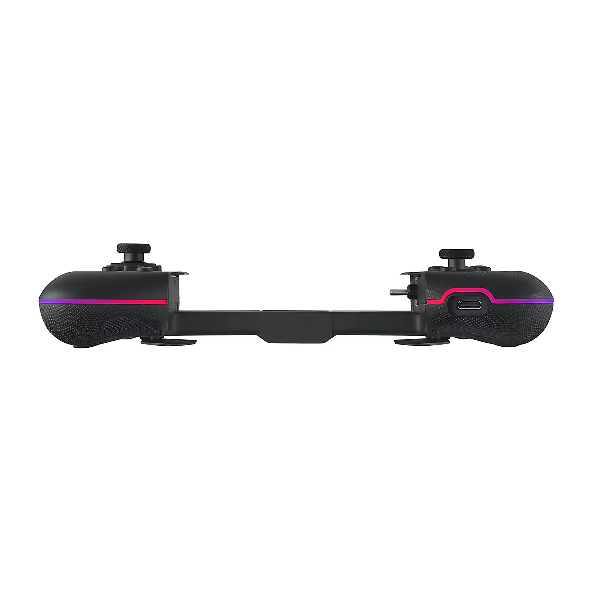 Schwarzer Gamecontroller mit farbigen LED-Leuchten. Der Controller hat zwei Griffe mit Joysticks und Tasten.