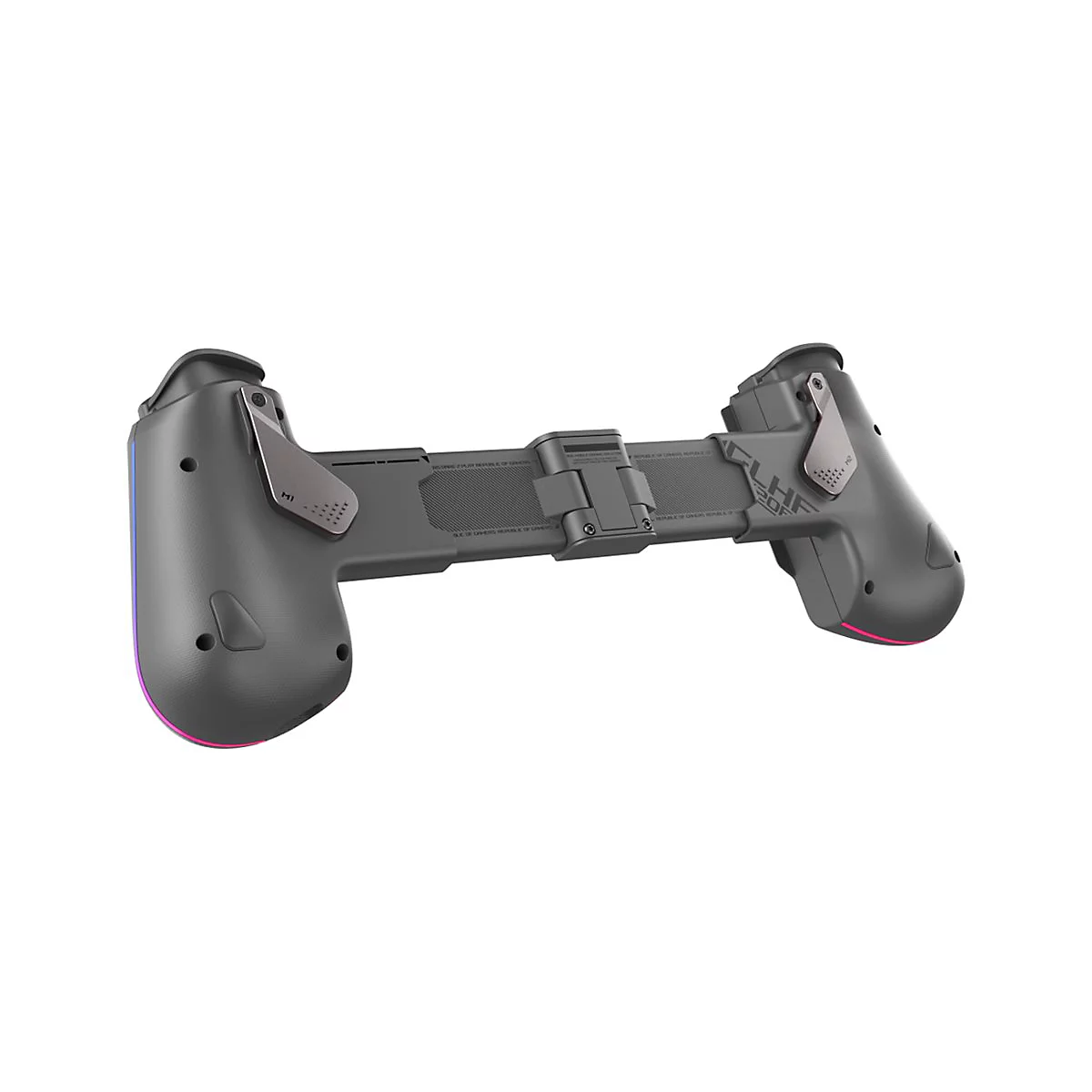 Grauer Gamecontroller mit seitlichen Knöpfen, einem roten und violetten Lichteffekt an den Seiten.