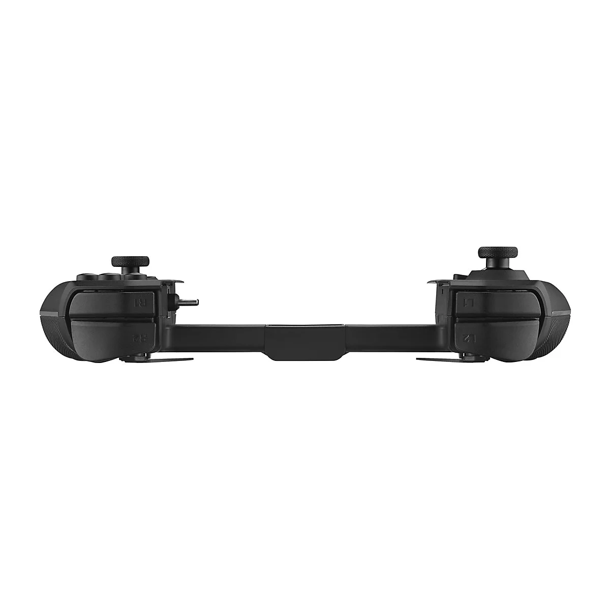 Schwarzer Gamecontroller, aus zwei Seiten bestehend, mit Knöpfen und Joysticks, liegt mittig auf weißem Hintergrund.