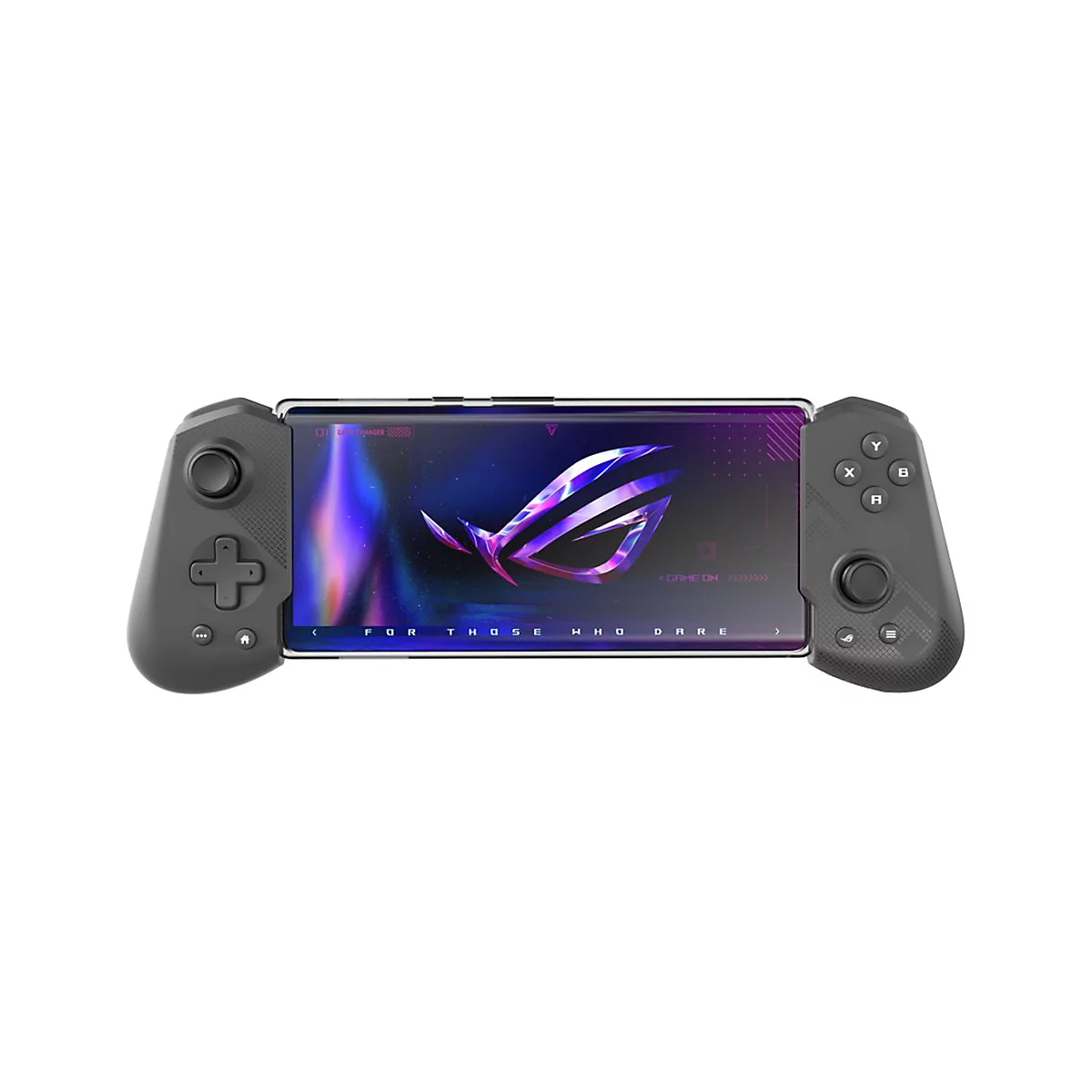 Ein schwarzes Gaming-Handheld-Gerät mit Bildschirm, der das ROG-Logo zeigt. Auf jeder Seite befinden sich Bedienelemente, darunter ein Joystick und Knöpfe.