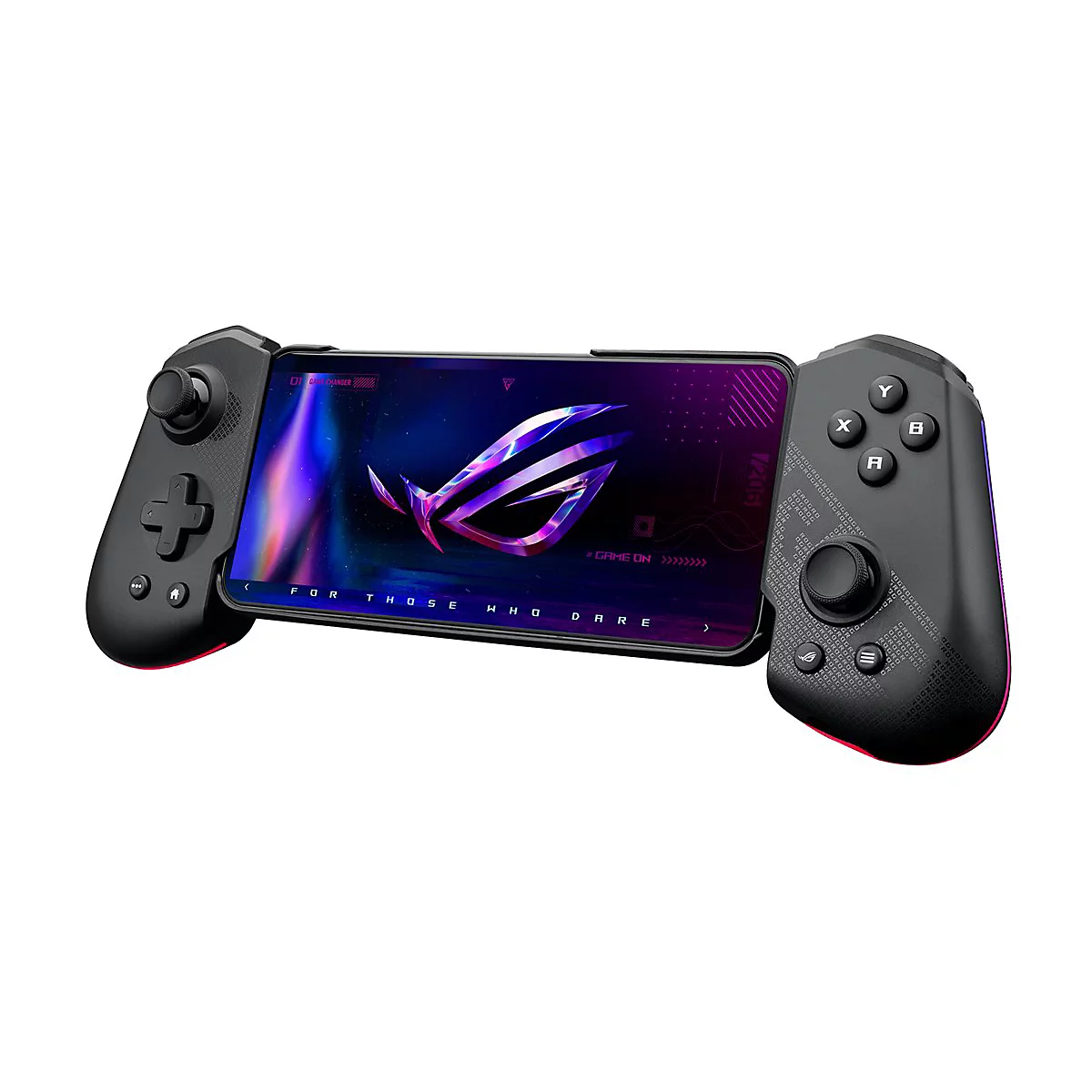 Schwarzer Handheld-Controller mit Smartphone; Logo, Buchstaben.