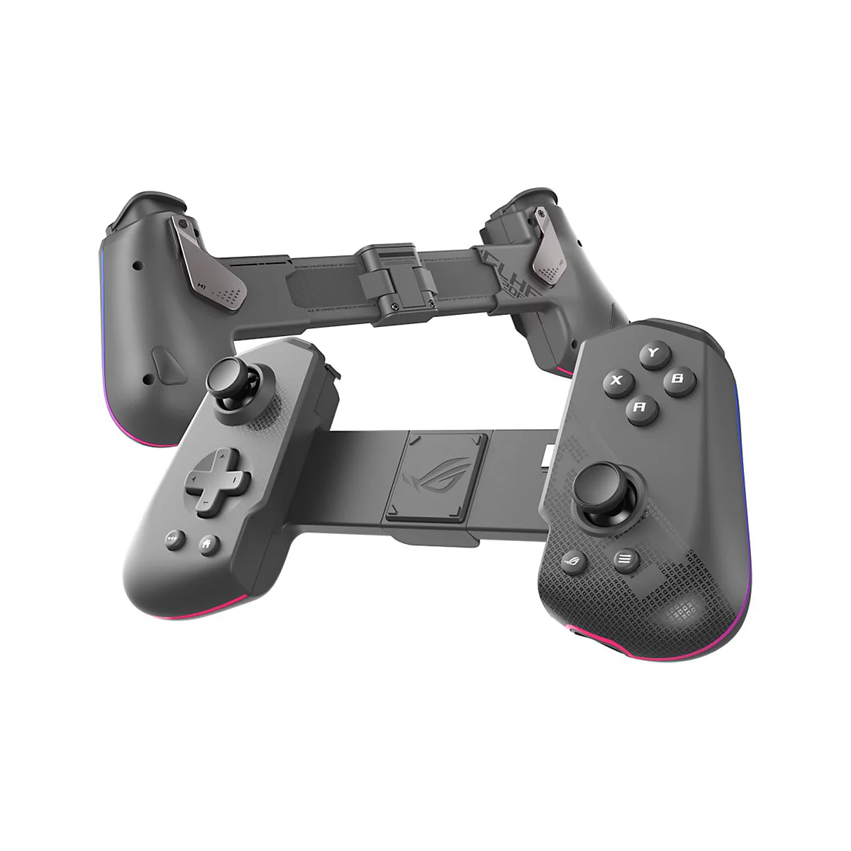 Dunkelgrauer Gamecontroller mit Knöpfen und Joysticks. Auf der rechten Seite sind farbige Akzente zu sehen, und auf dem Controller ist das ROG-Logo.