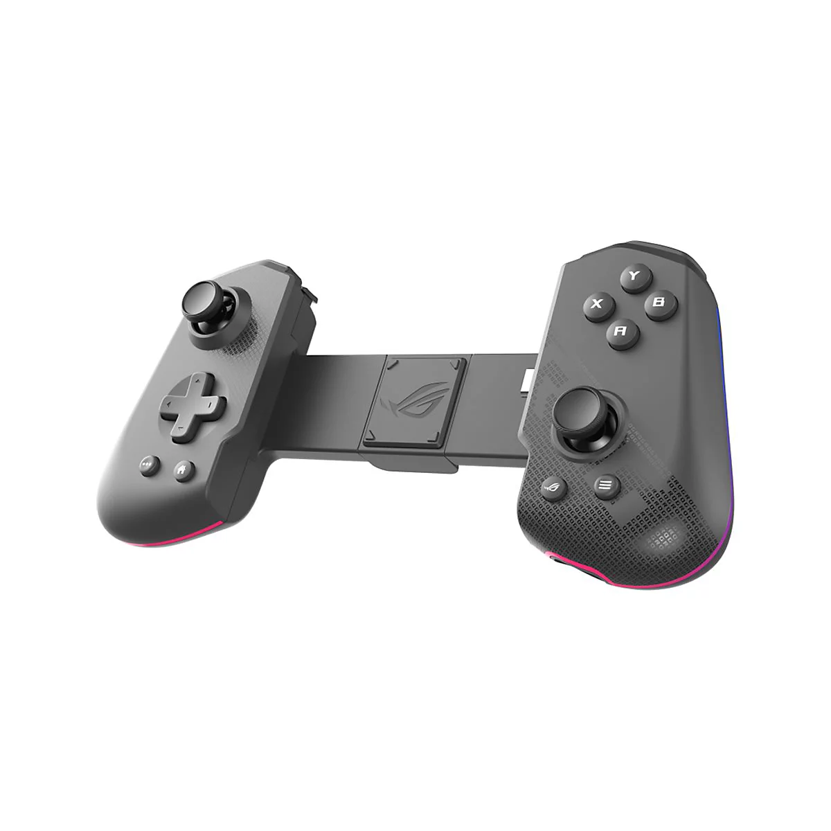 Schwarzer Gamecontroller mit Rog-Logo, Joystick, Knöpfen und pinkem Licht.