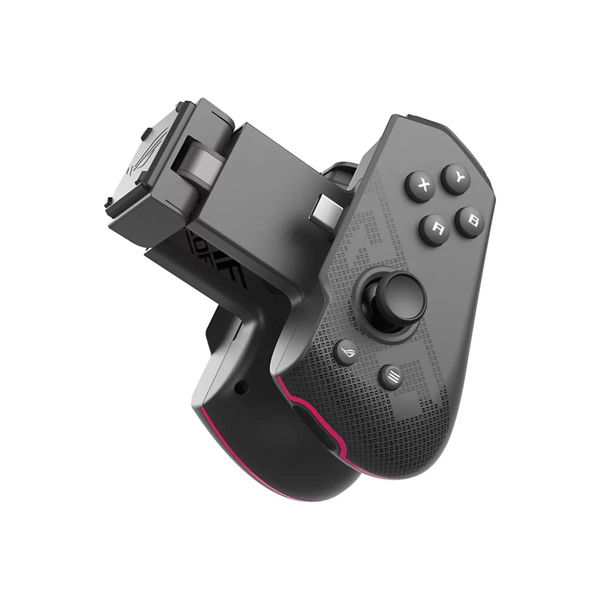 Schwarzer Gamecontroller mit pinkfarbenen Akzenten. Knöpfe: X, Y, A, B. Analogstick und Richtungstasten.