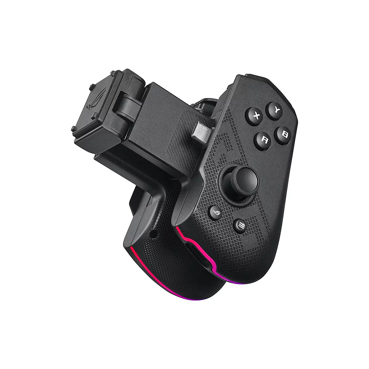 Schwarzer Gamecontroller mit Knöpfen, Analog-Stick und beleuchteten Kanten, schräg von oben aufgenommen.