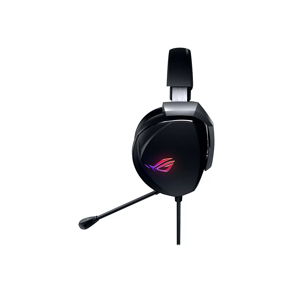 Schwarzes Gaming-Headset. Das Logo der Marke ist auf der Ohrmuschel sichtbar. Ein Mikrofon ist angebracht.