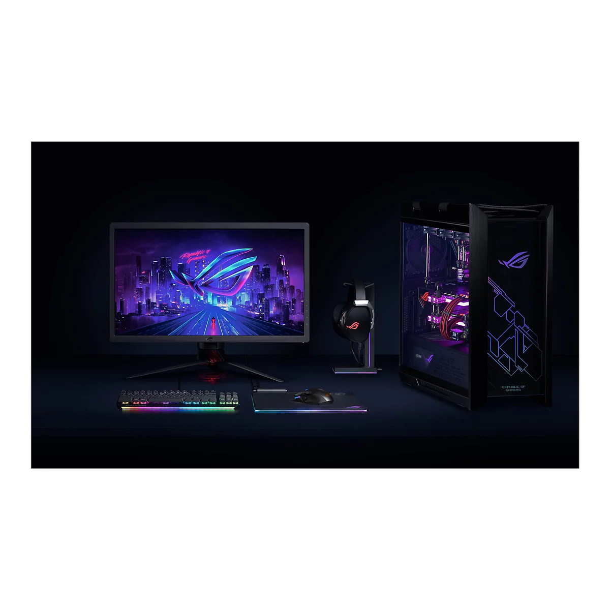 Schwarzer Gaming-PC-Aufbau mit Monitor, Tastatur, Maus und Headset. Auf dem Monitor ist ein Logo mit Stadtbild abgebildet.
