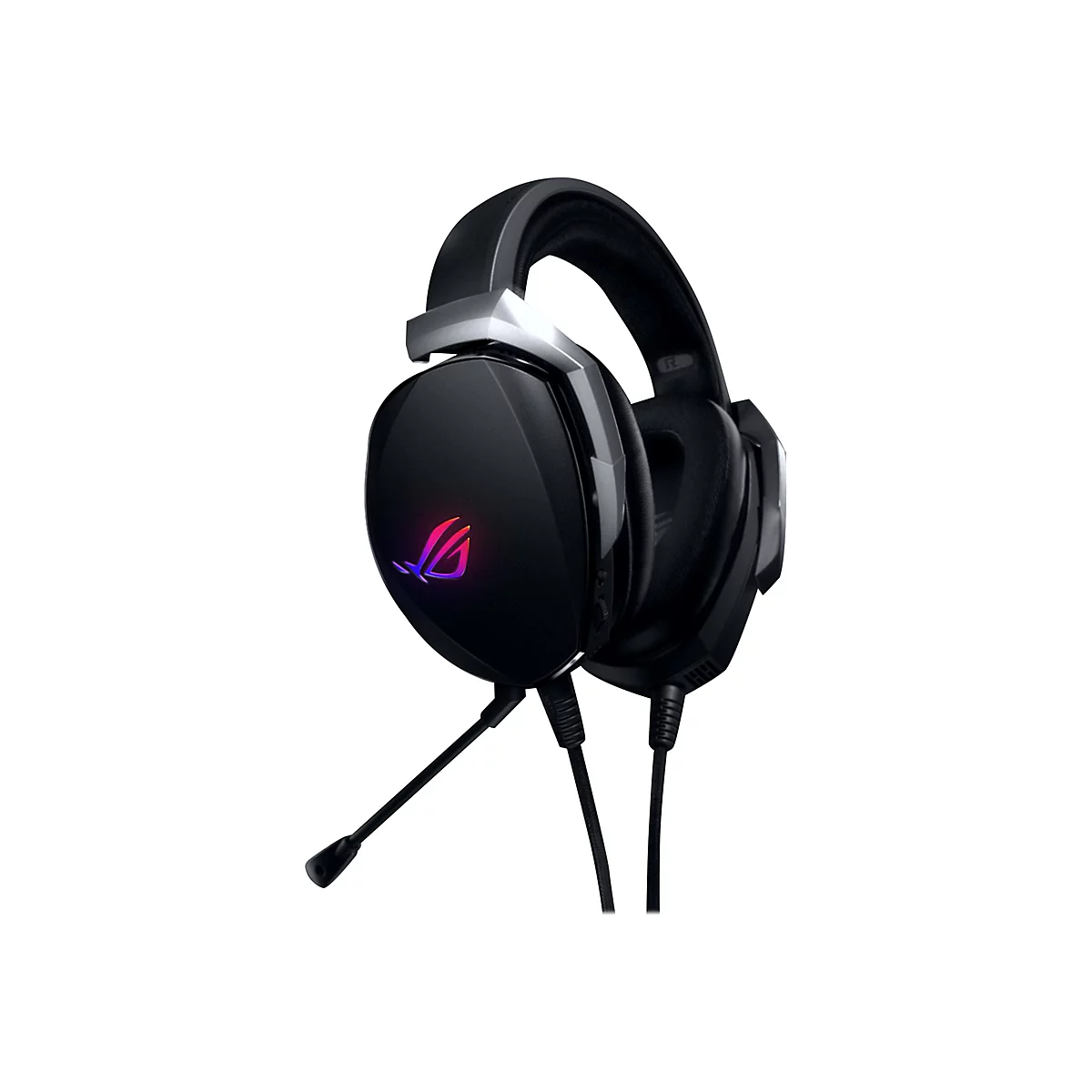 Schwarzes Gaming-Headset mit Mikrofon, ROG-Logo. Details: Ohrmuscheln, BÃ¼gel, Kabel.