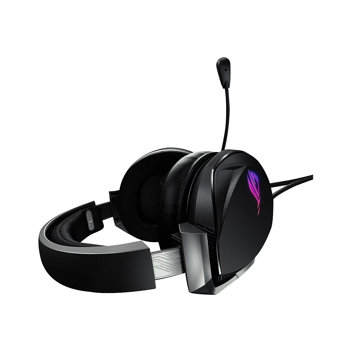 Schwarzes Gaming-Headset, Mikrofon, Ohrmuscheln, Logo. Detailaufnahme vor weiÃŸem Hintergrund.