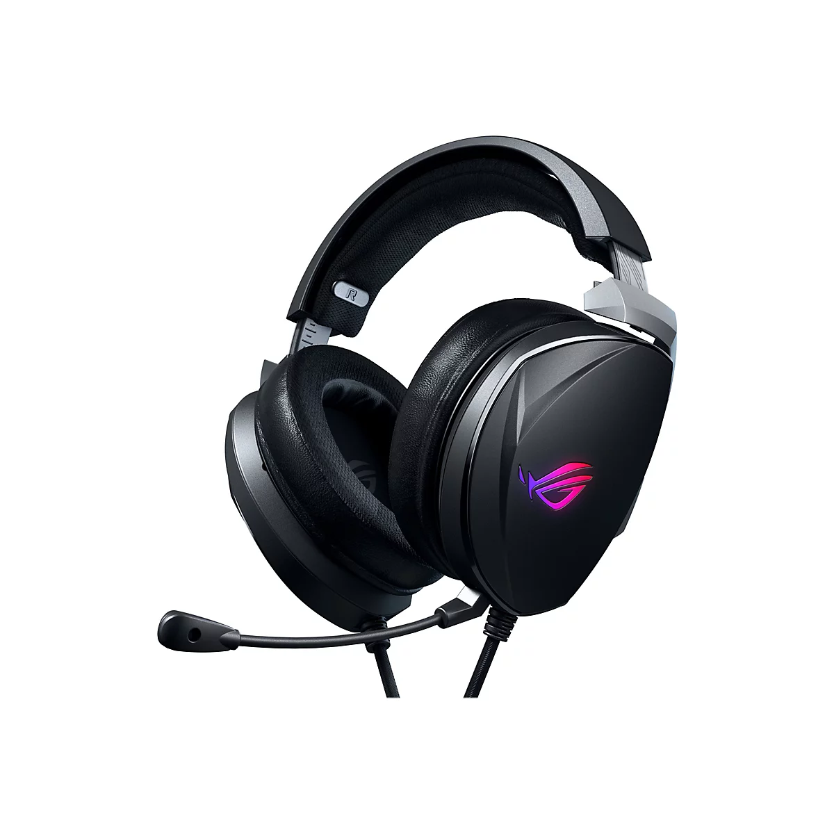 Schwarzes Gaming-Headset, ROG-Logo, Mikrofon am linken OhrhÃ¶rer.