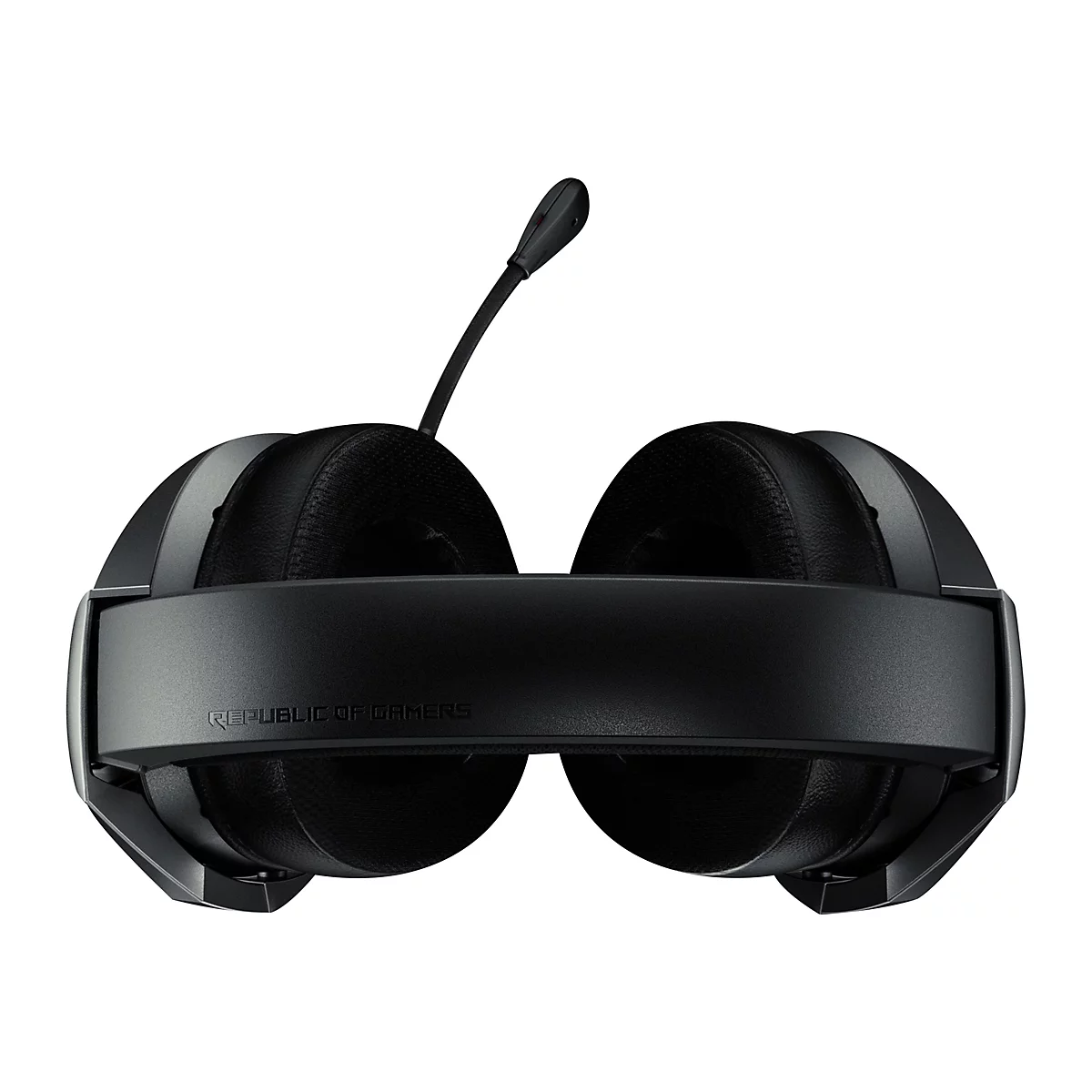 Schwarzes Headset mit Mikrofon, nah und von hinten betrachtet. Auf dem BÃ¼gel steht Republic of Gamers.