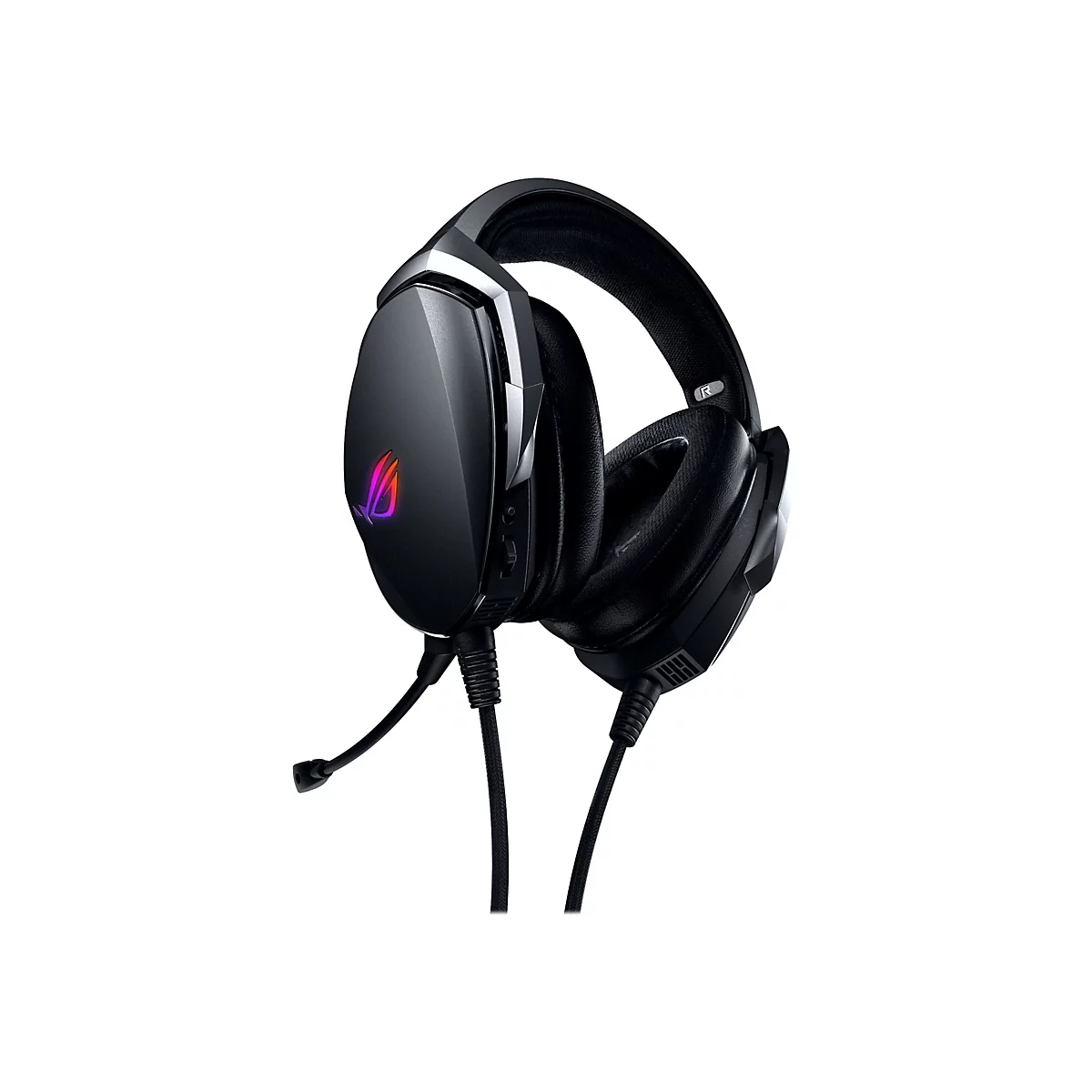 Schwarzes Gaming-Headset mit Mikrofon vor weiÃŸem Hintergrund. Auf der Ohrmuschel befindet sich ein mehrfarbiges Logo.