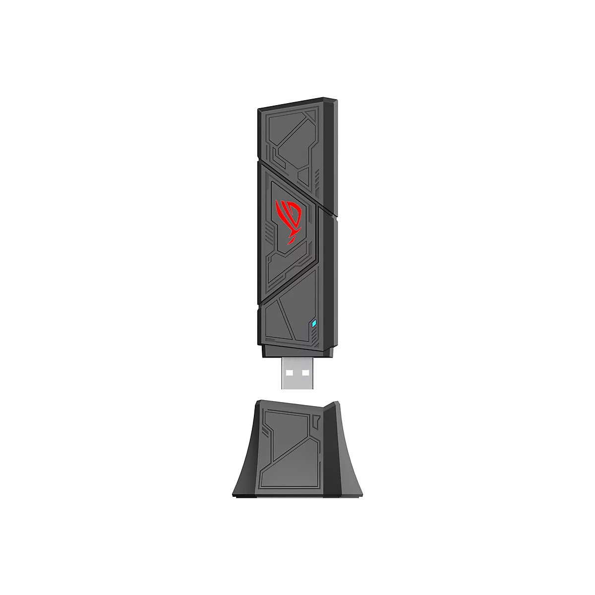Drahtloser USB-Adapter mit ROG-Logo und Ständer auf weißem Hintergrund.