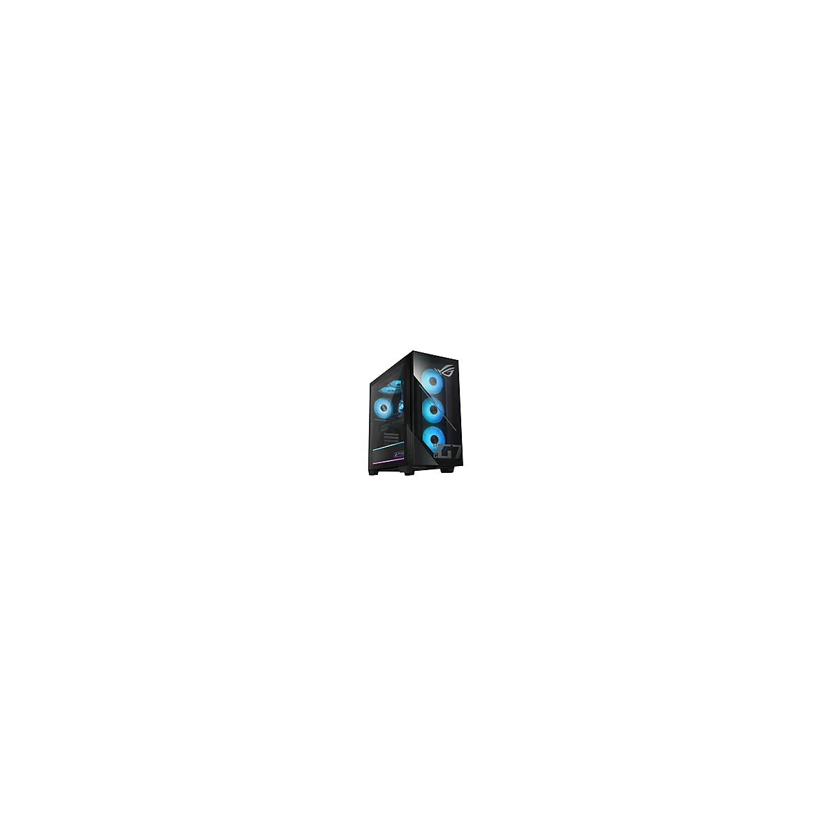 Schwarzer PC-Tower mit Glasfront, beleuchtet von blauen Lüftern. ROG-Logo.
