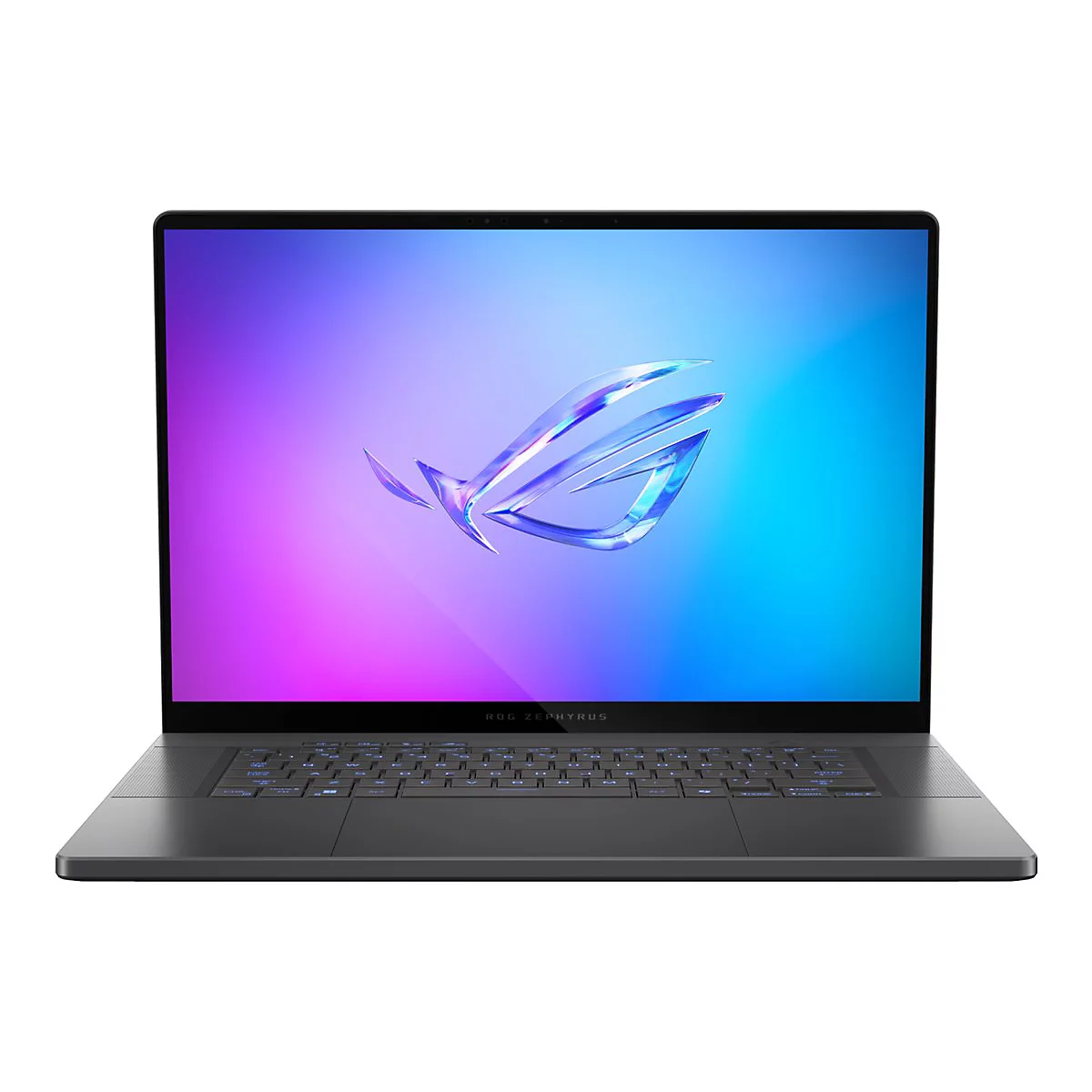 Dunkelgraues Notebook mit blau-violettem Bildschirm. Das ROG Zephyrus-Logo ist zu sehen.