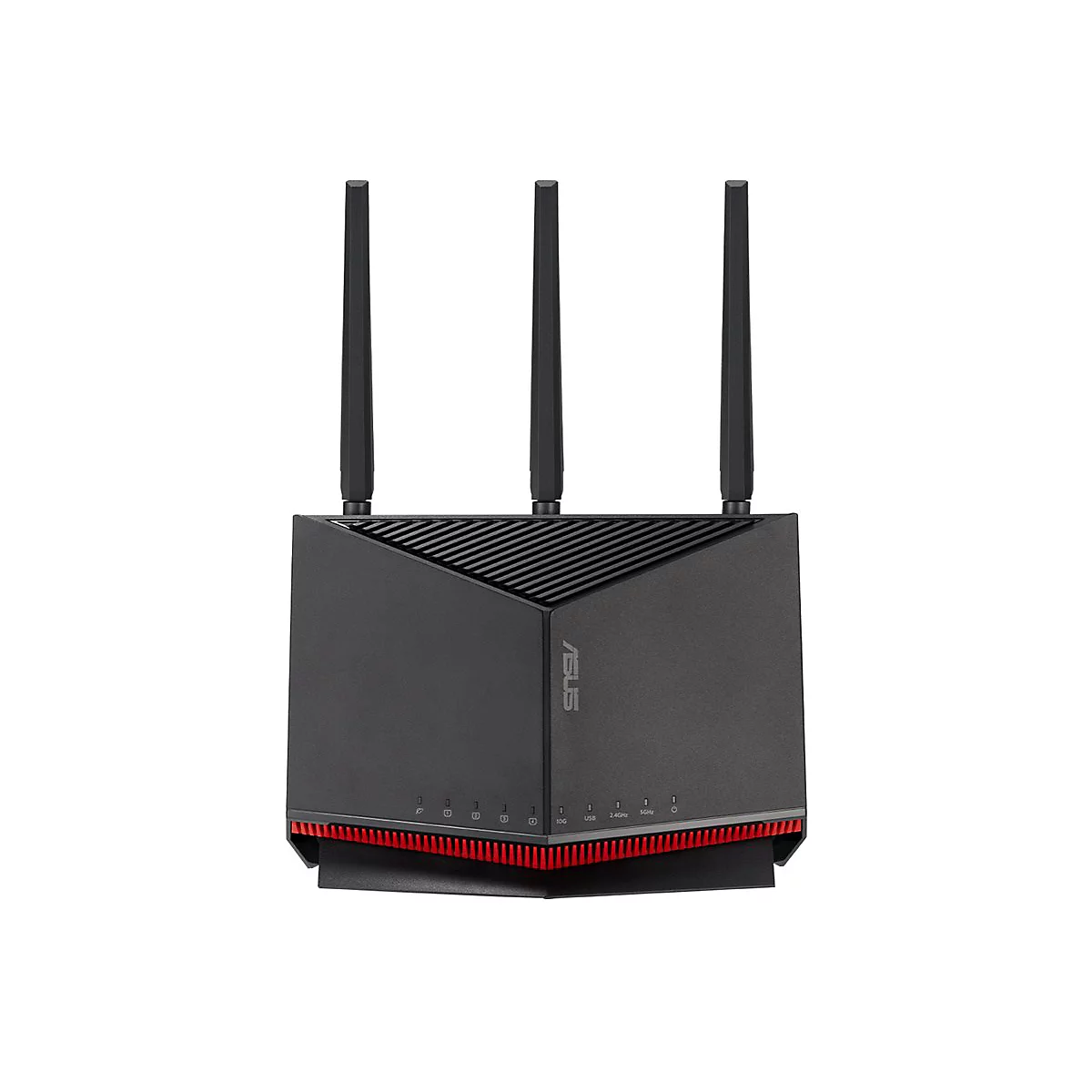 Routeur ASUS noir avec trois antennes, un accent rouge et des logos. Sur fond blanc.