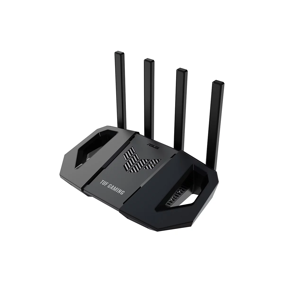 Routeur ASUS TUF Gaming noir. Quatre antennes sont au-dessus du boîtier. Le routeur porte le logo TUF Gaming.