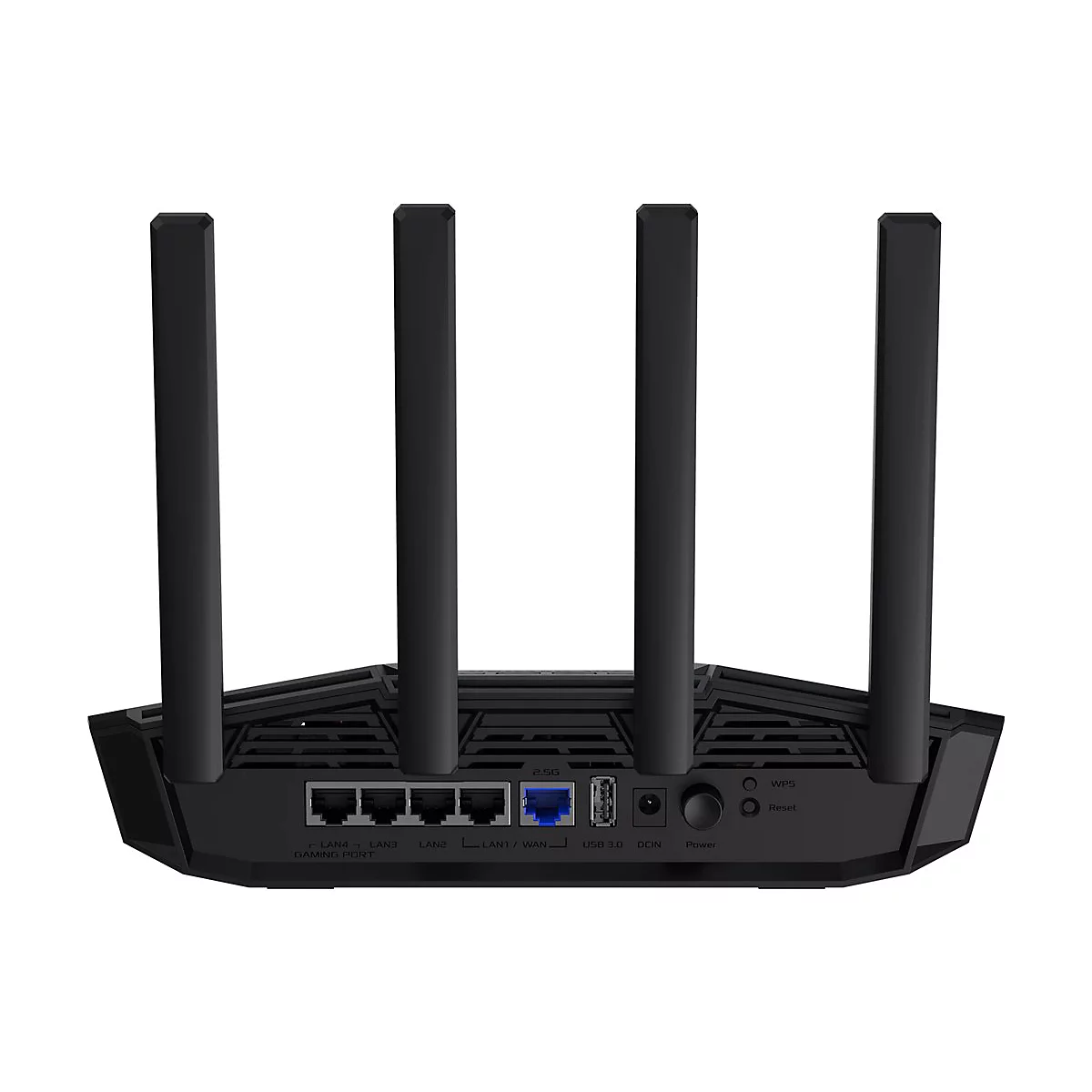 Routeur noir avec quatre antennes, vue arrière. Connexions pour LAN, USB et alimentation.