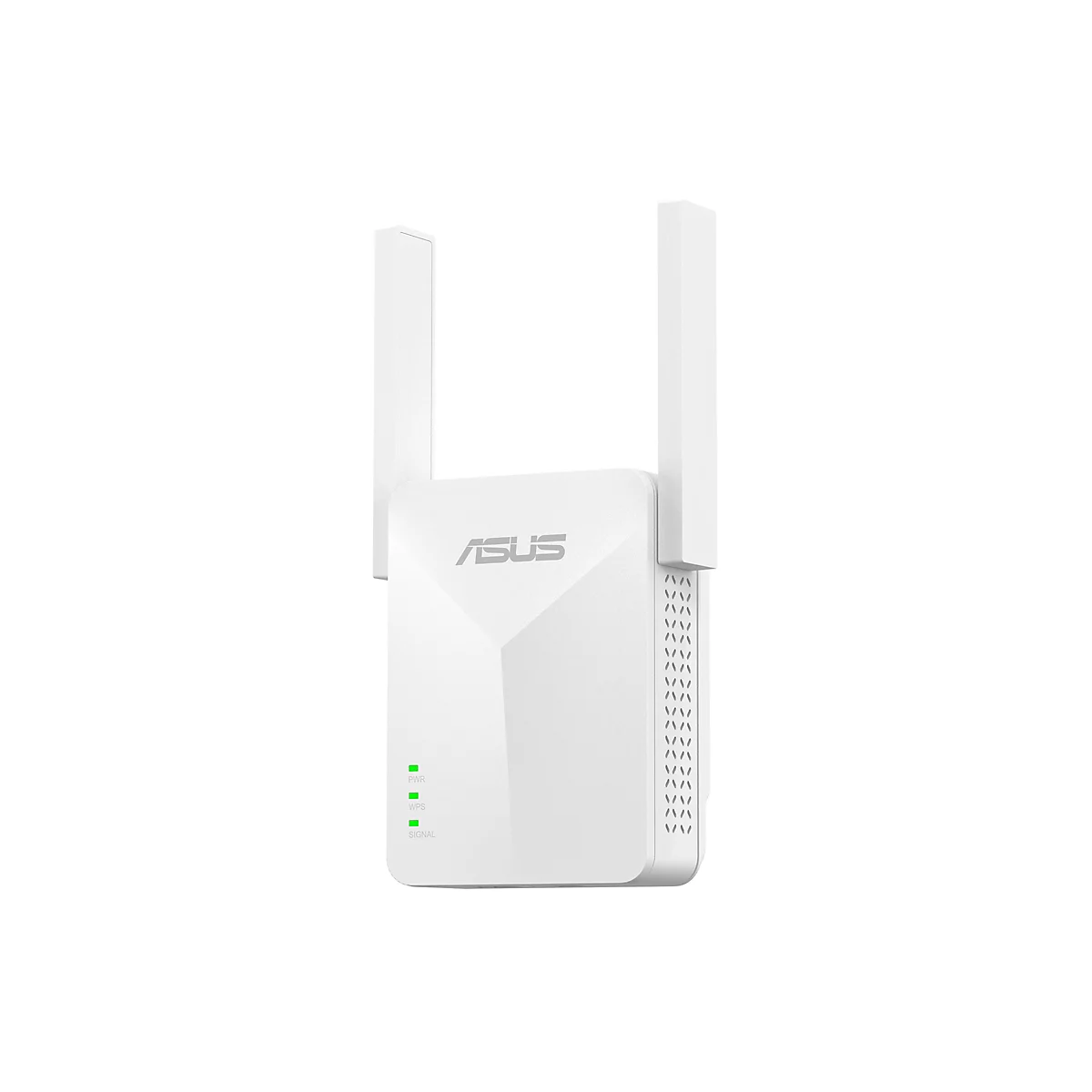 Weißer Asus WLAN-Repeater mit zwei Antennen und leuchtenden grünen Status-LEDs vor neutralem Hintergrund.