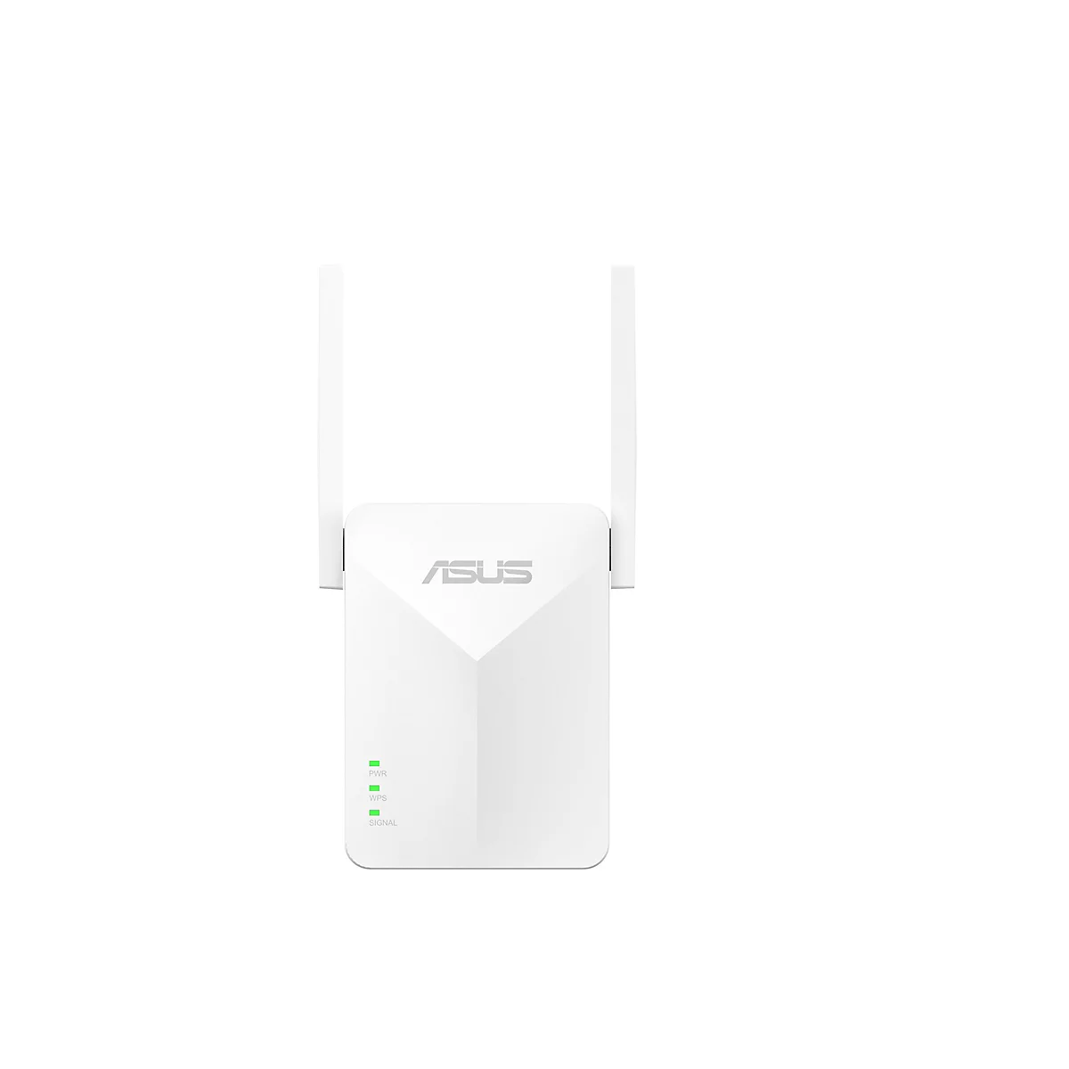 Weißer Asus WLAN-Repeater mit zwei Antennen und leuchtenden grünen Status-LEDs vor neutralem Hintergrund.