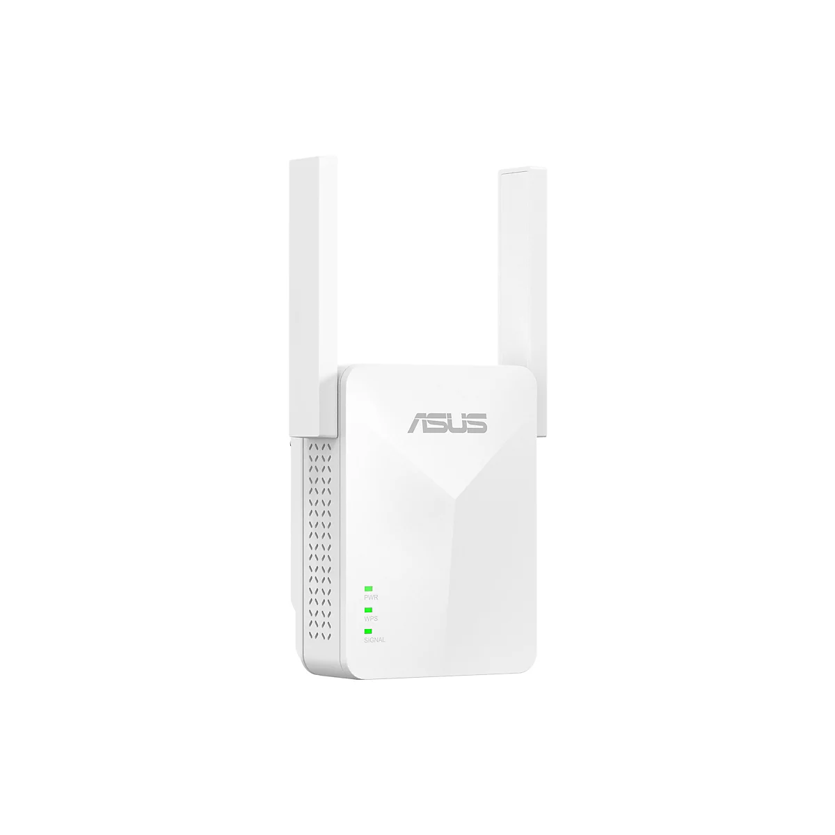 Weißer Asus WLAN-Repeater mit zwei Antennen, Asus-Logo und leuchtenden grünen Status-LEDs auf weißem Grund.