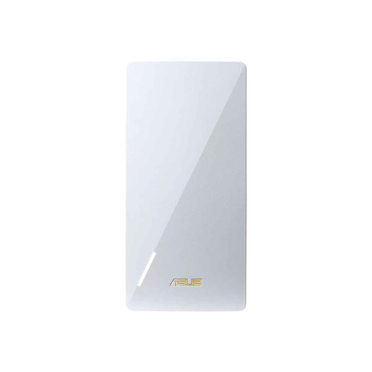 Ein weißes, rechteckiges Gerät mit abgerundeten Ecken. Auf der Oberfläche ist das Logo „ASUS“ in Gold aufgedruckt.