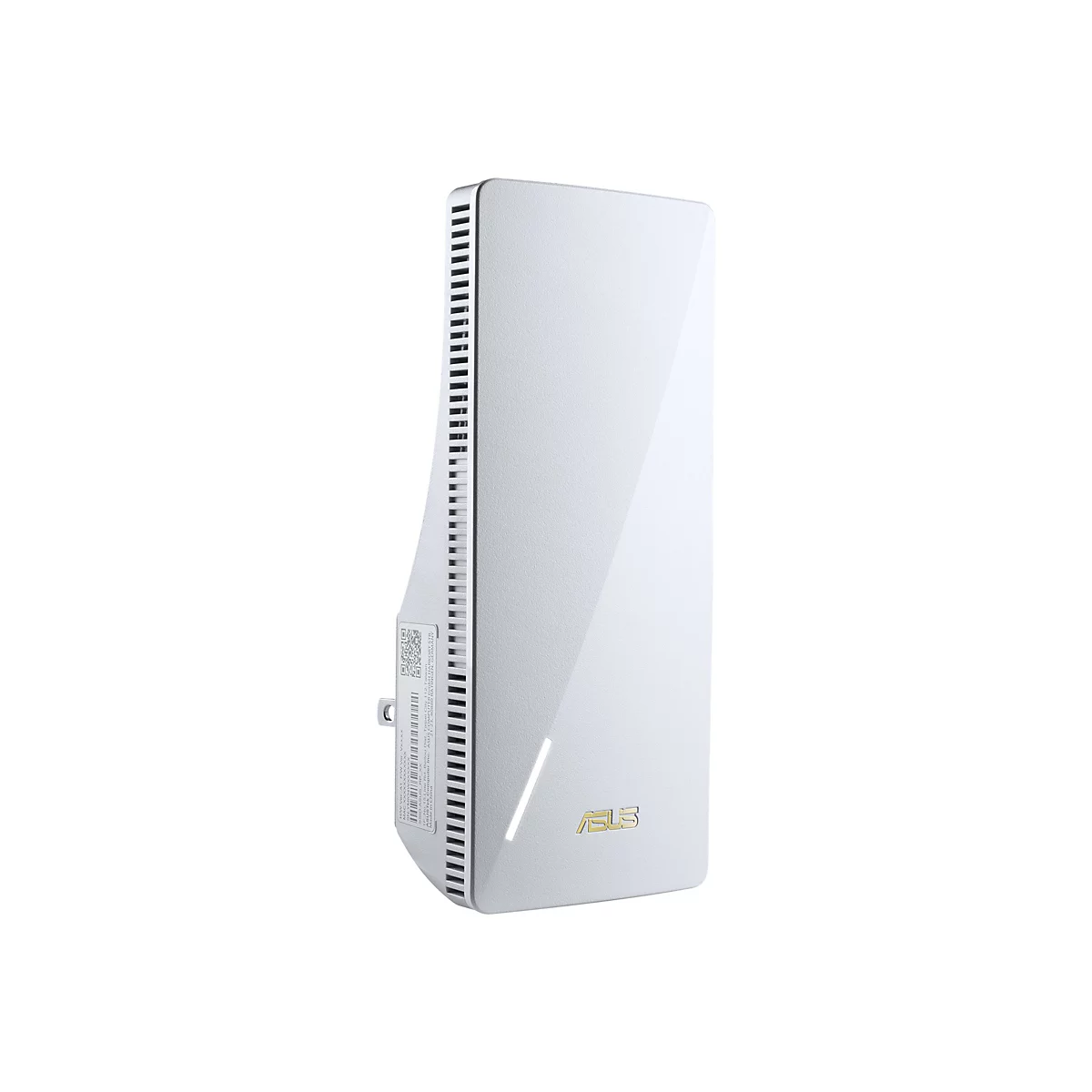 Ein weißes ASUS-WLAN-Gerät mit vertikalem Design. Auf der Vorderseite befindet sich das ASUS-Logo in Gold, darunter ein dünner, vertikaler Schlitz.