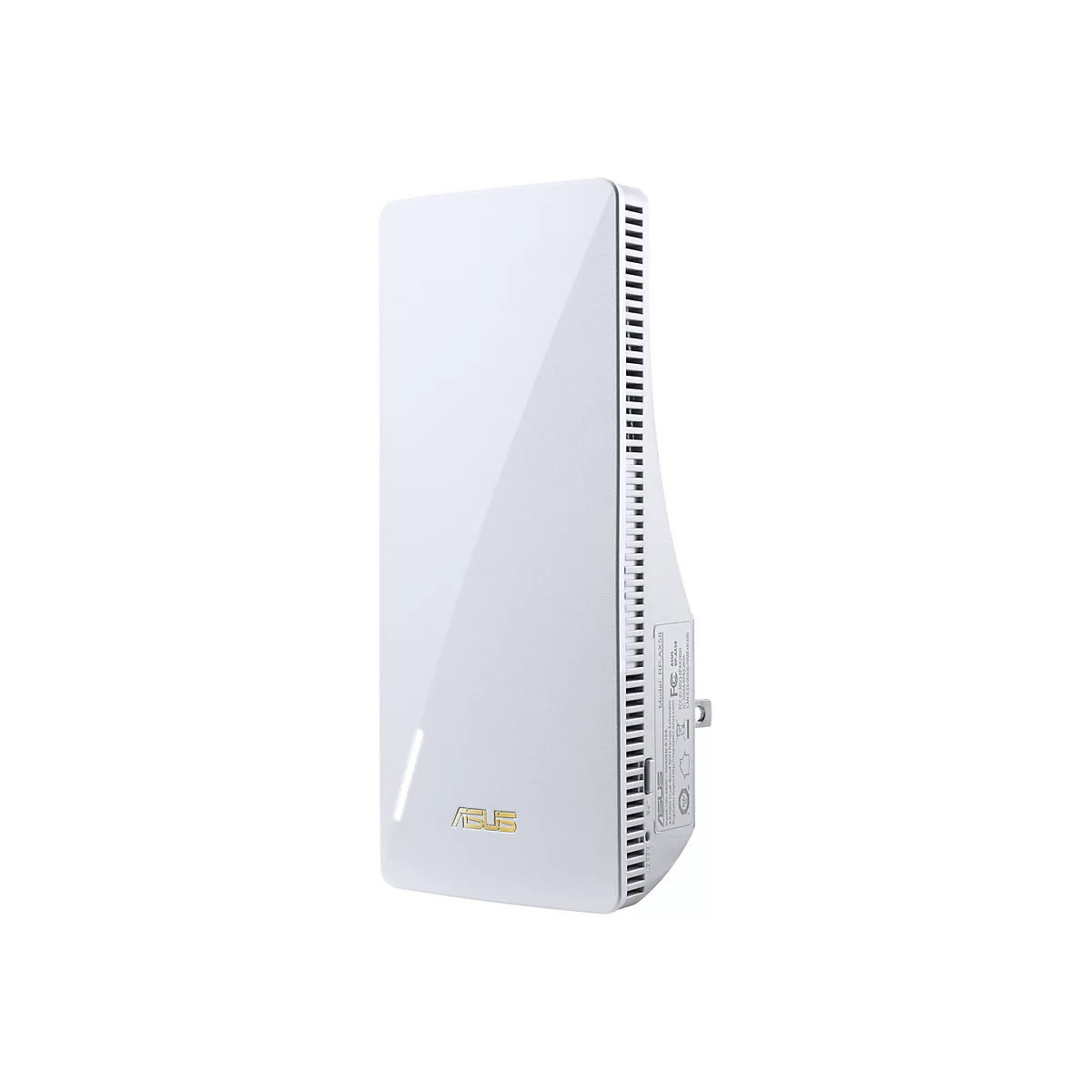 Ein weißer, länglicher WLAN-Repeater mit dem Logo "ASUS". Die rechte Seite hat Schlitze zur Belüftung. Auf der Seite befinden sich technische Daten.