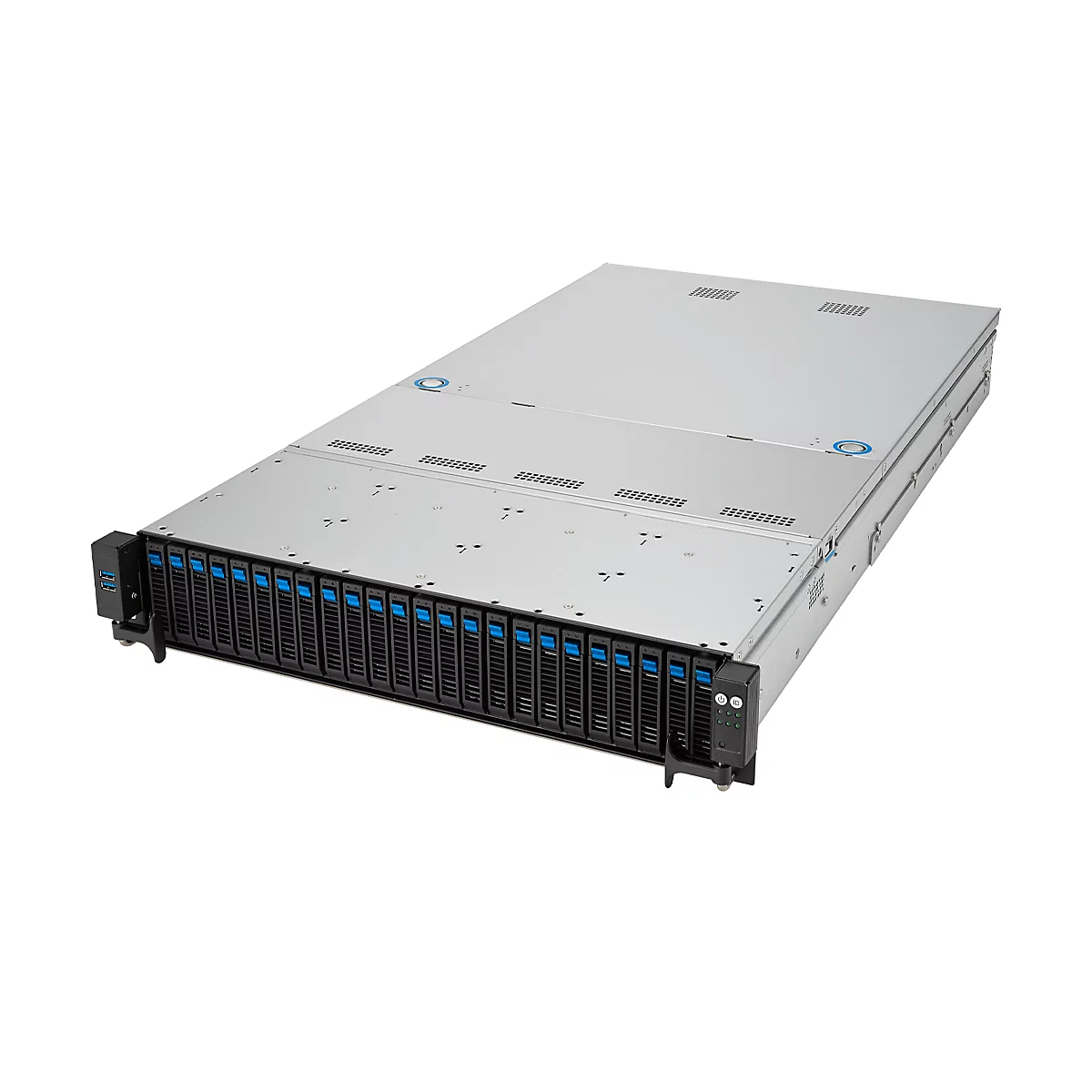 Ein silberner Server-Rack mit schwarzen Frontplatten und blauen USB-Anschlüssen. Auf weißem Hintergrund.