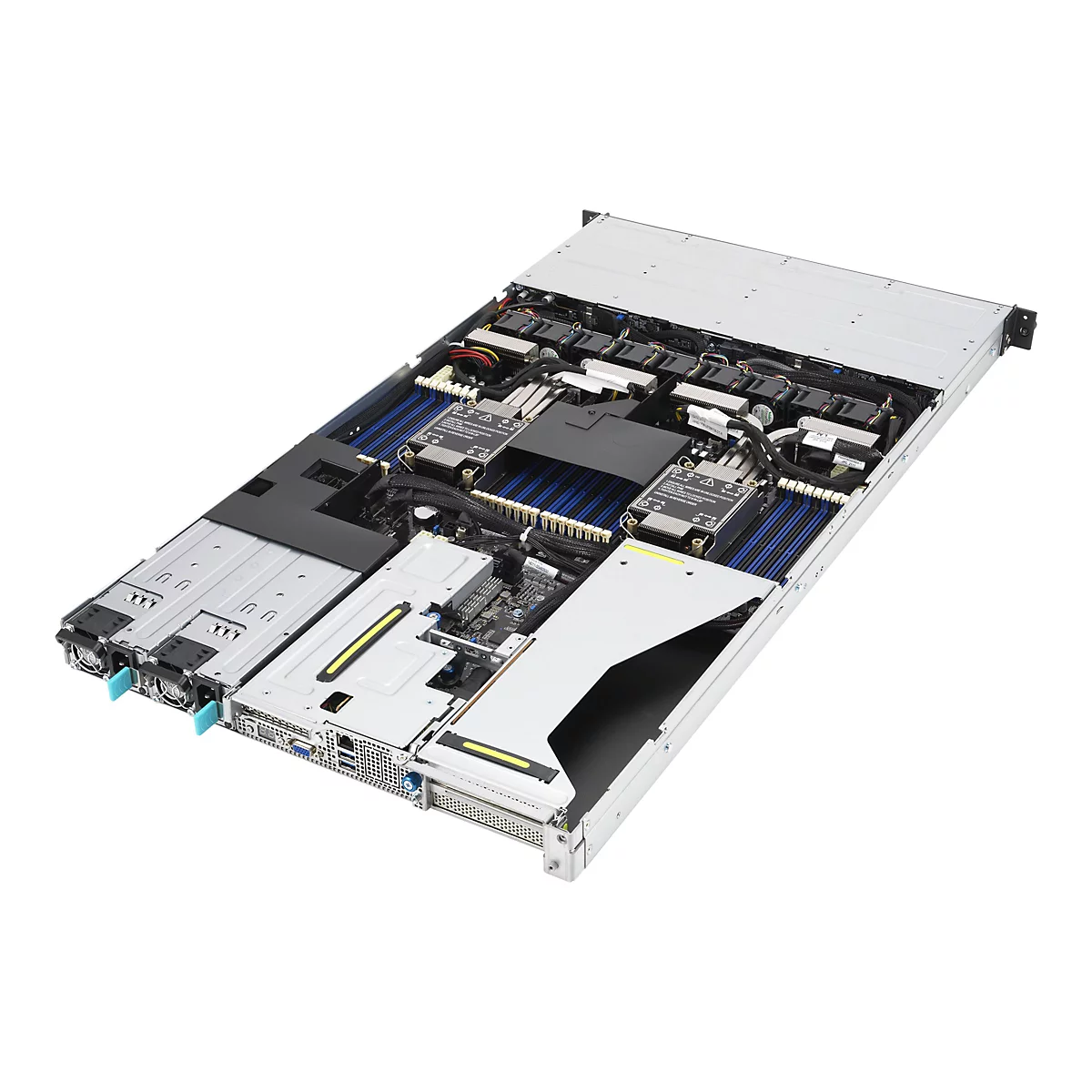 Geöffneter Server mit freiliegender Hardware, Prozessoren, blauen RAM-Steckplätzen und Lüftern vor weißem Hintergrund.