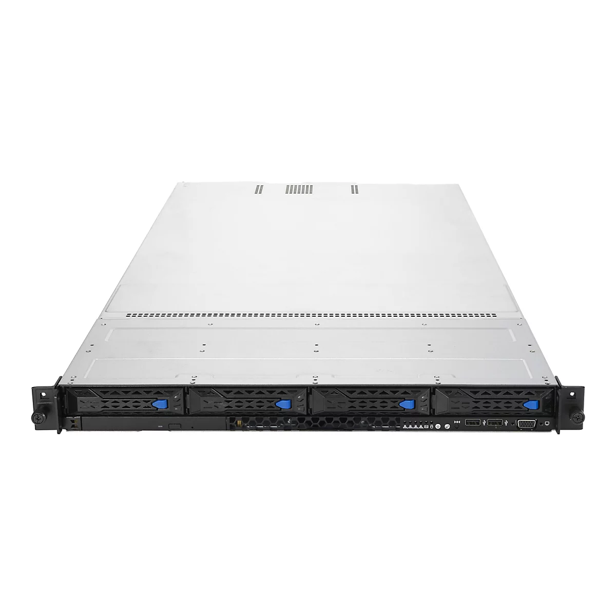 Rack-Servergehäuse mit vier Festplatteneinschüben und Metallgehäuse auf weißem Hintergrund.