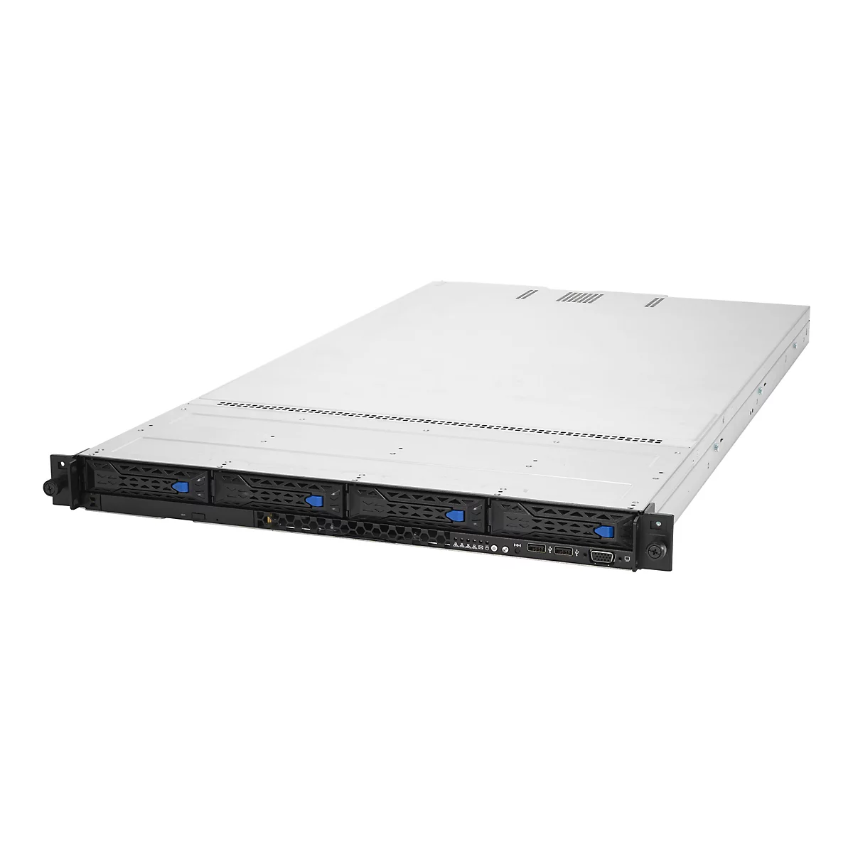 Silberner Rack-Server mit vier Laufwerksschächten und vorderseitigen Anschlüssen vor weißem Hintergrund.