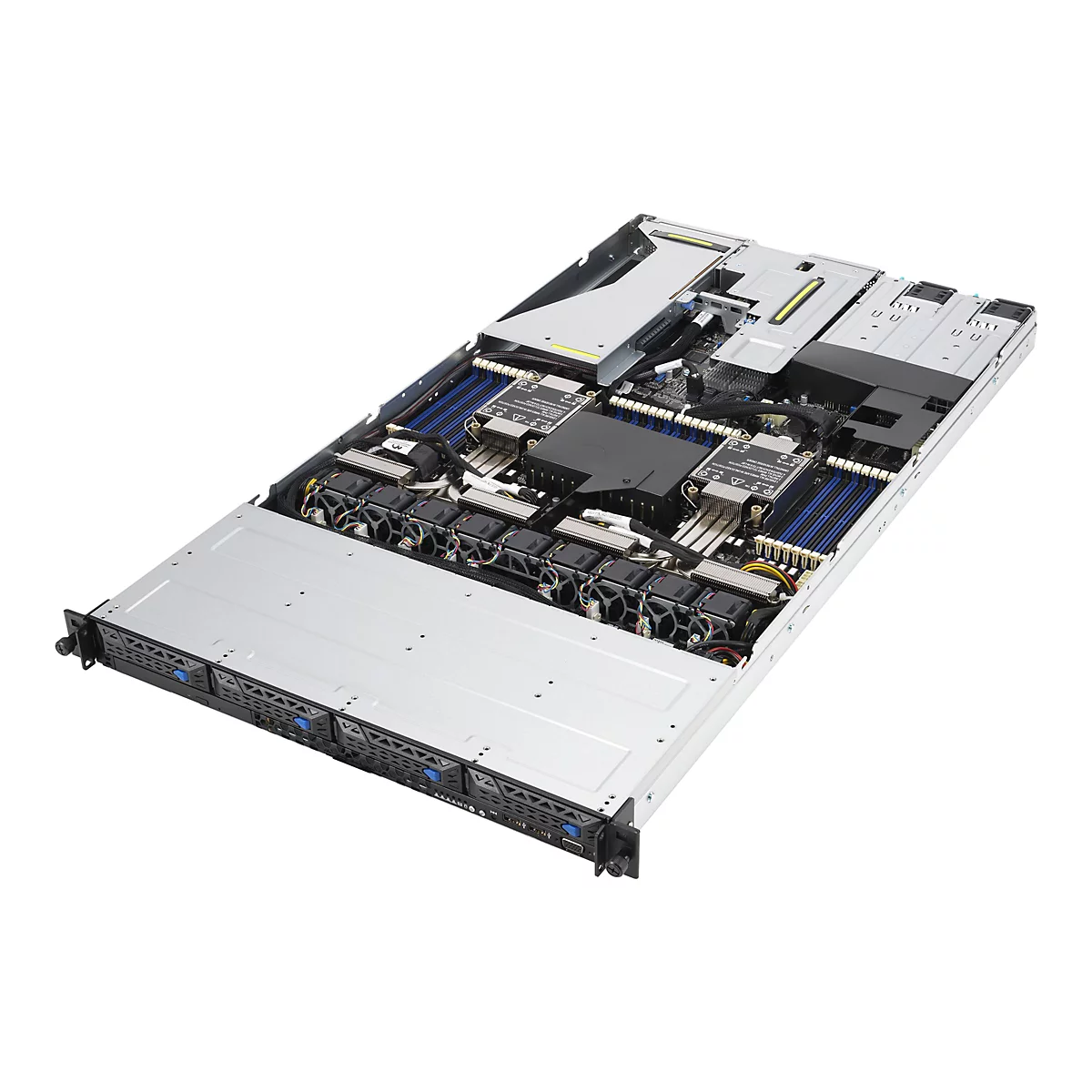 Geöffneter Rack-Server mit sichtbaren Prozessoren, Arbeitsspeicher, Lüftern und Laufwerksschächten vor weißem Hintergrund.