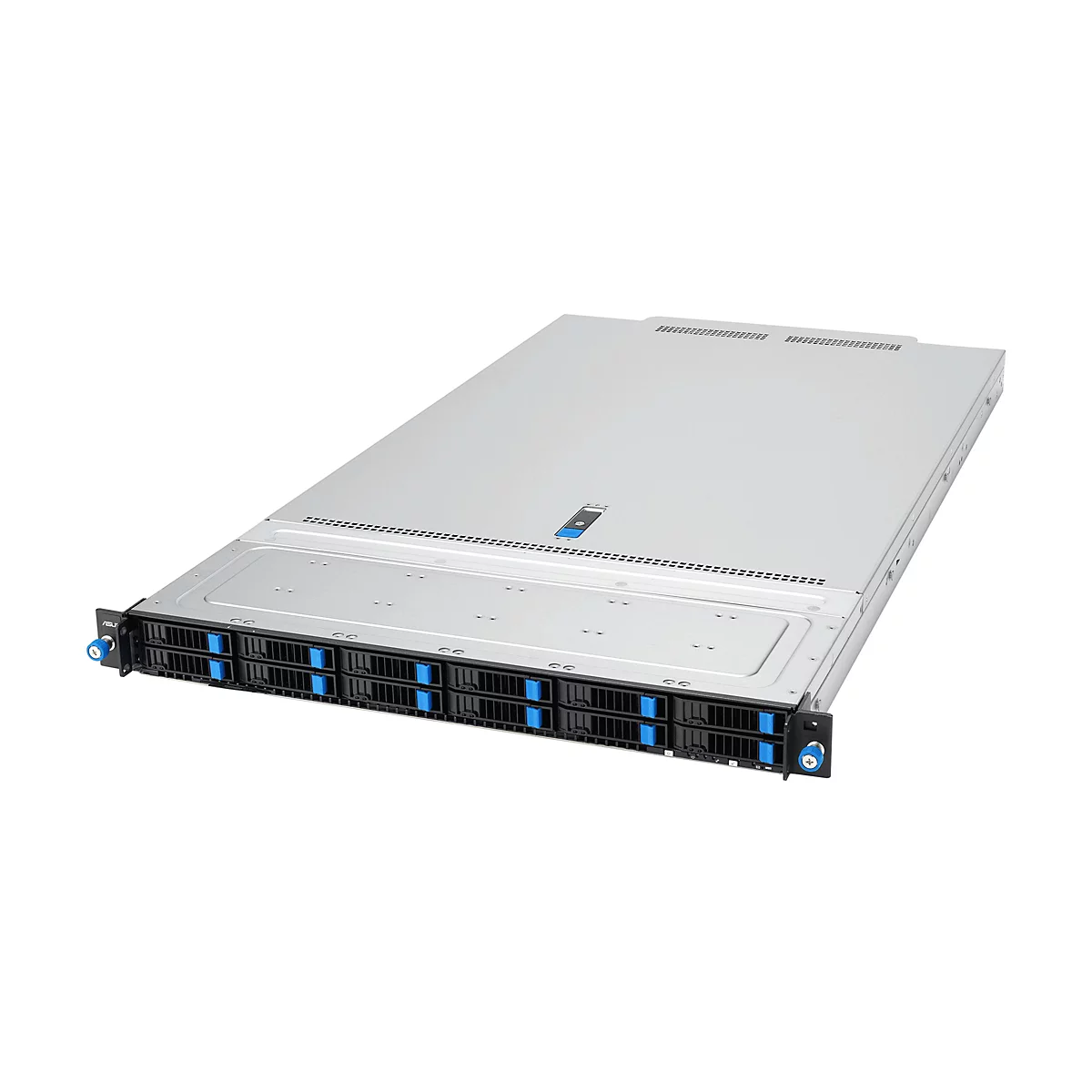 Flacher silberner ASUS Serverschrank mit acht schwarzen Festplatteneinschüben und blauen Akzenten.