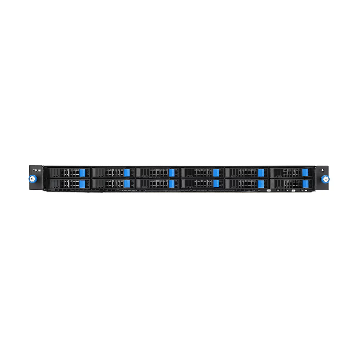 Schwarzes Asus Rackmount-Servergehäuse mit mehreren Festplatteneinschüben und blauen Verriegelungshebeln.