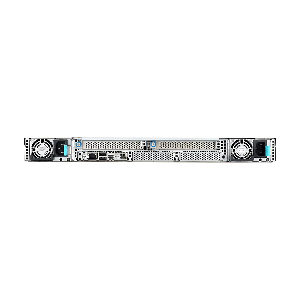 Rückseite eines Servers mit zwei Netzteilen, verschiedenen Anschlüssen und Lüftern vor weißem Hintergrund.