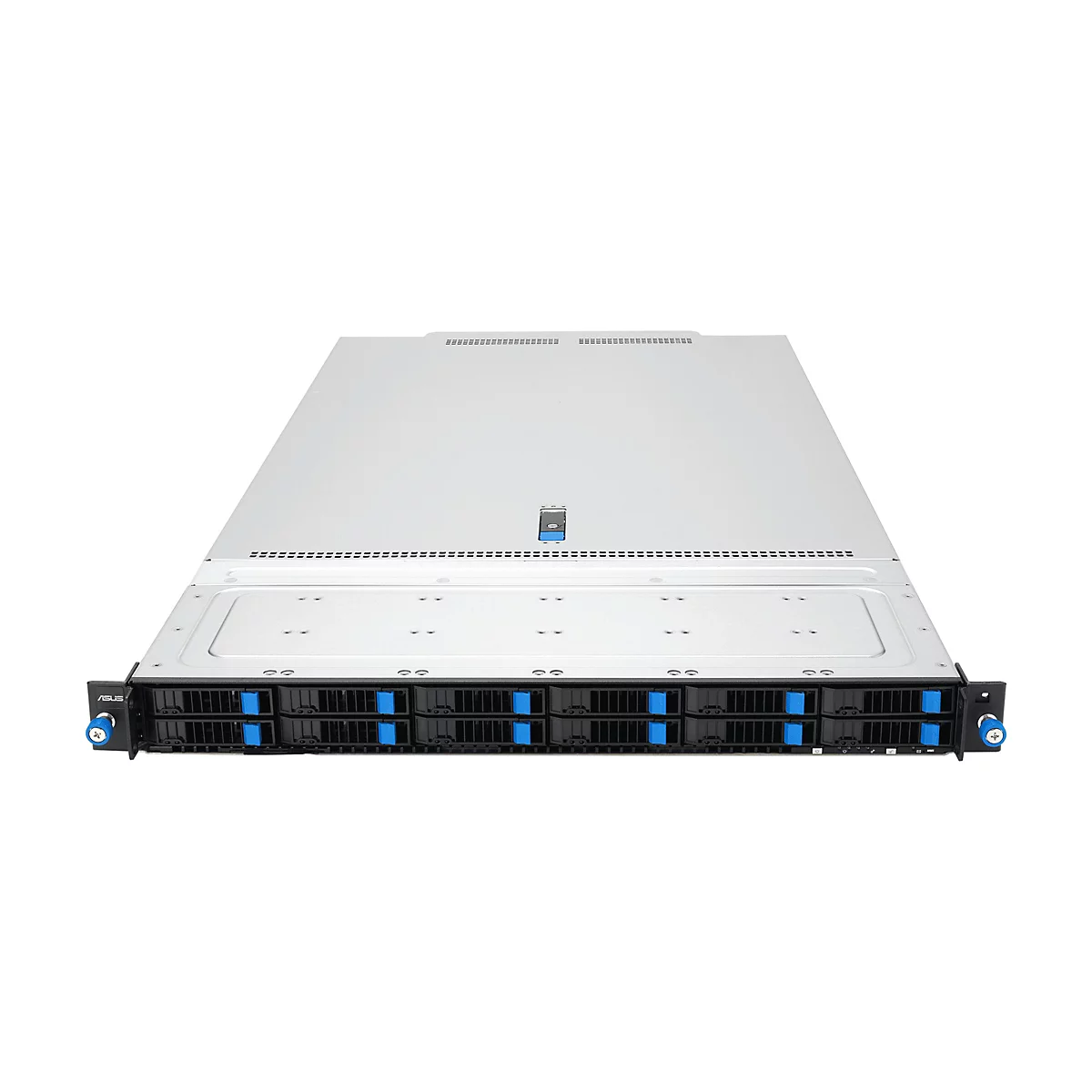 Asus Rack-Server mit acht Festplatteneinschüben und blau-schwarzen Akzenten vor weißem Hintergrund.