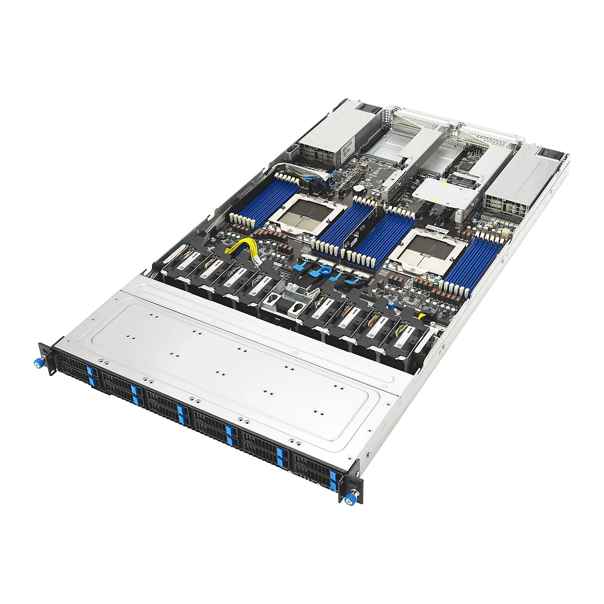 Geöffneter Rack-Server mit blauen RAM-Modulen und Prozessor-Sockeln auf weißem Hintergrund.