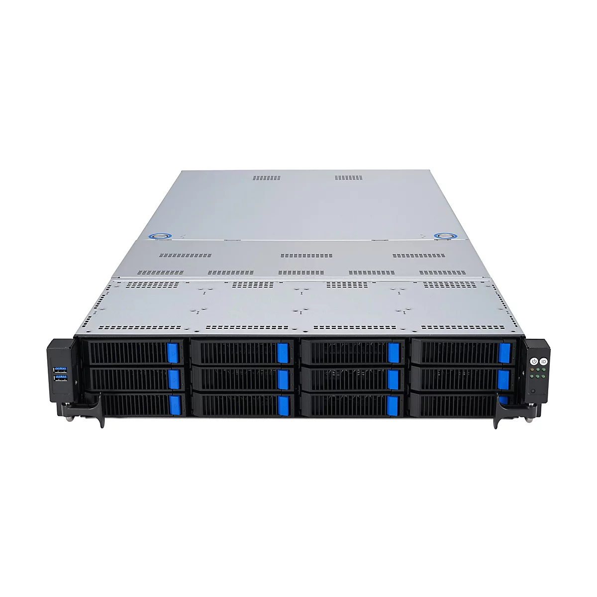 Ein Server-Rack mit grauer Oberseite und schwarzer Front, mit blauen Elementen und USB-Anschlüssen.