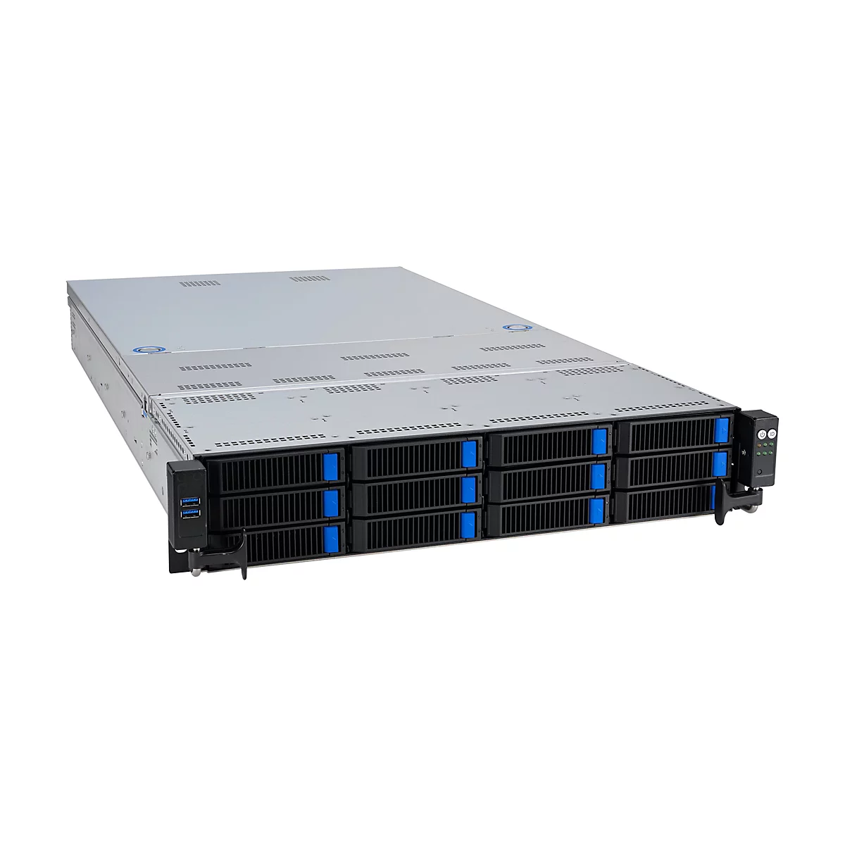 Ein grauer Server-Rack mit schwarzen Frontplatten und blauen Hebeln. Oben ist das Gehäuse mit Lüftungslöchern versehen.