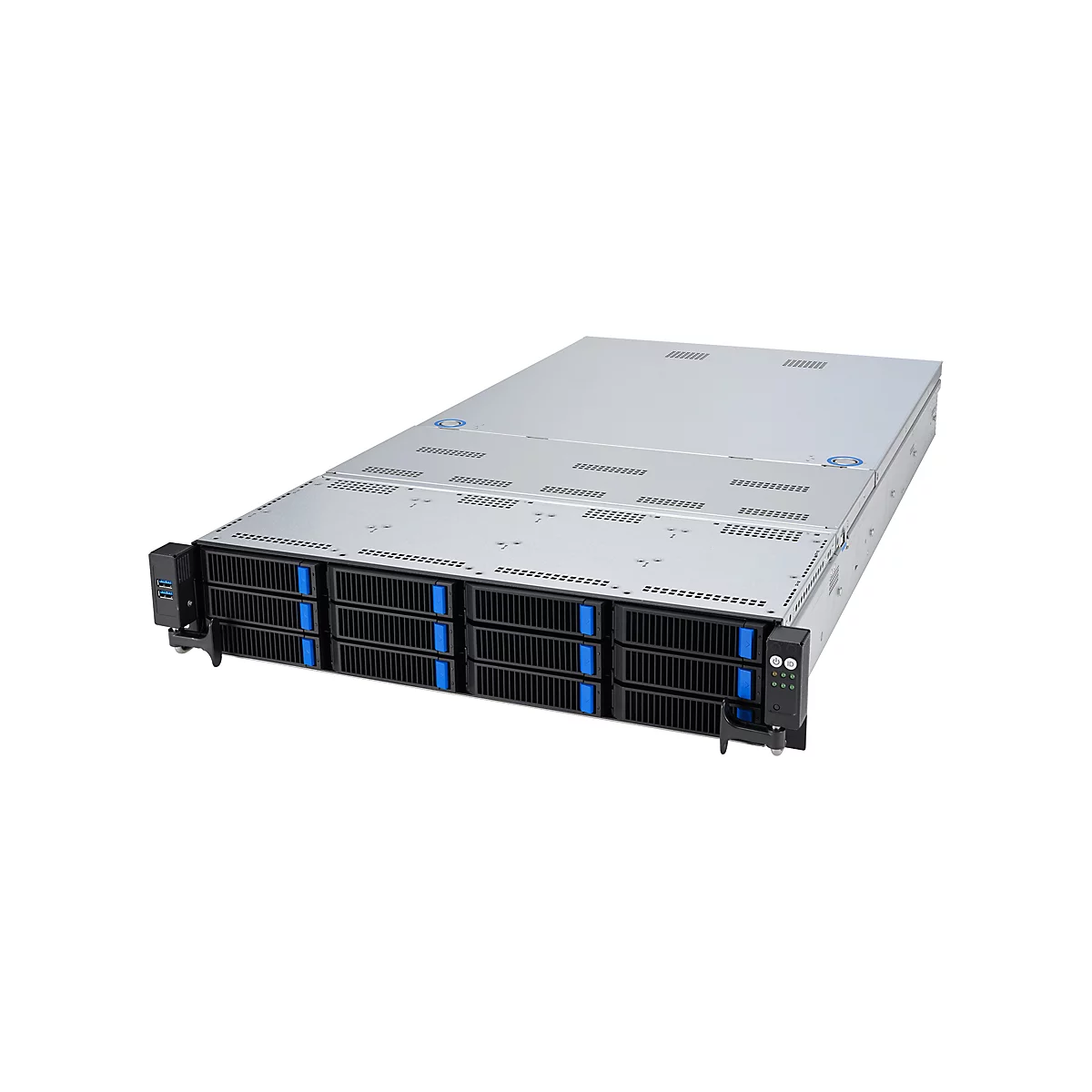 Ein graues Server-Rack mit schwarzen Lüftungsschlitzen, blauen Akzenten und USB-Anschlüssen. Der Hintergrund ist weiß.